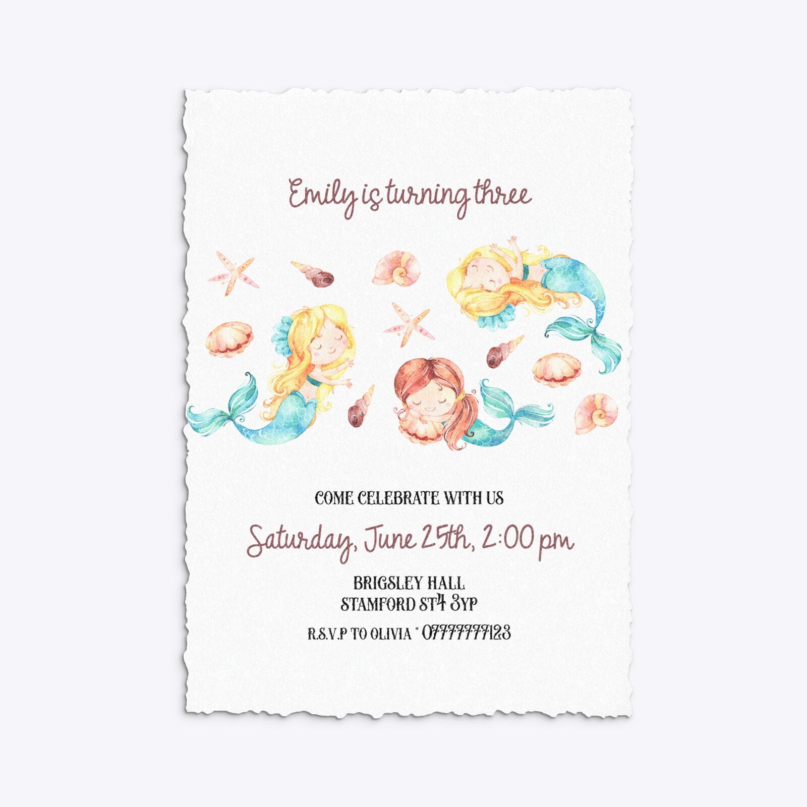 Mermaid Personalised Happy Birthday Deckle Invitation Glitter