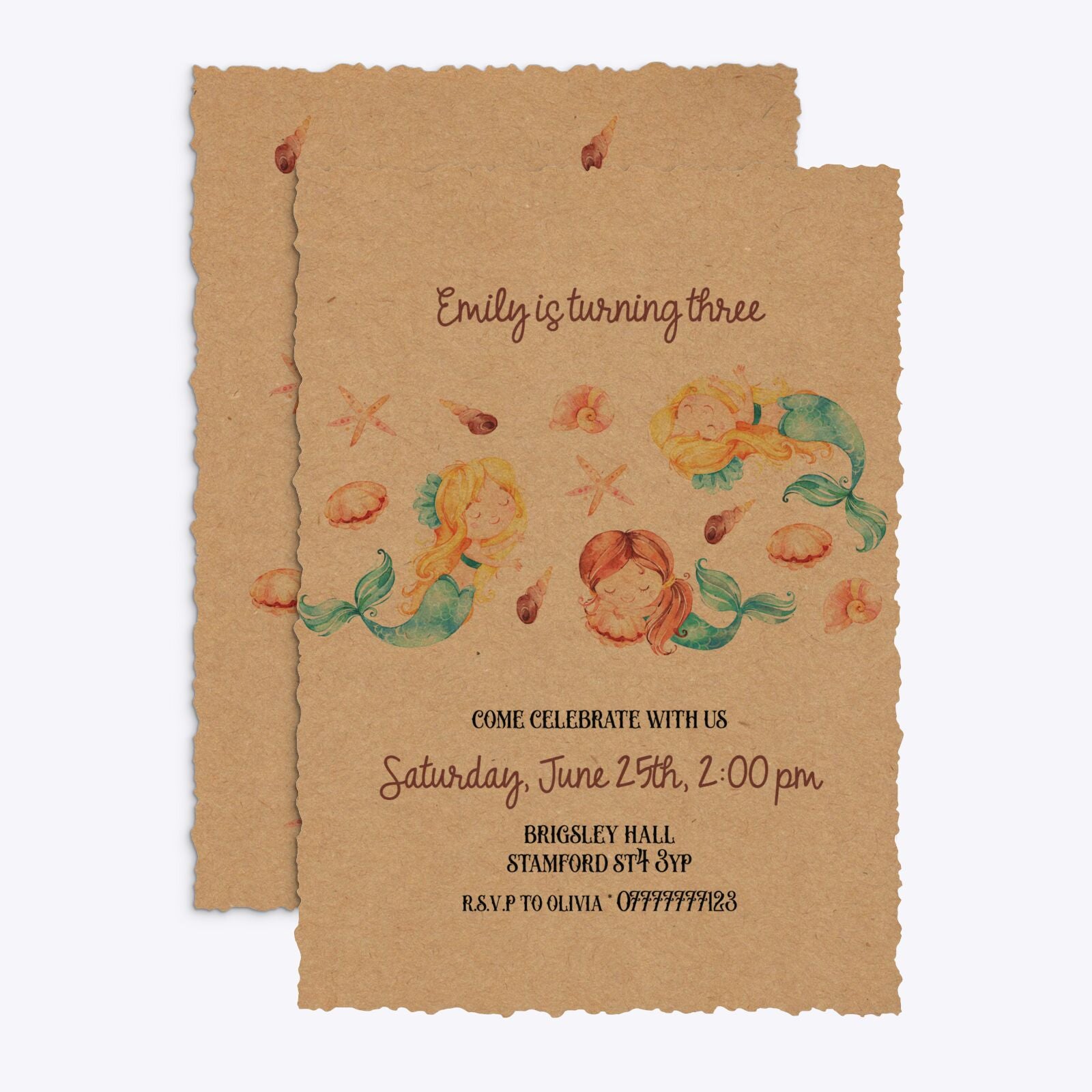 Mermaid Personalised Happy Birthday Deckle Invitation Kraft Front and Back Image