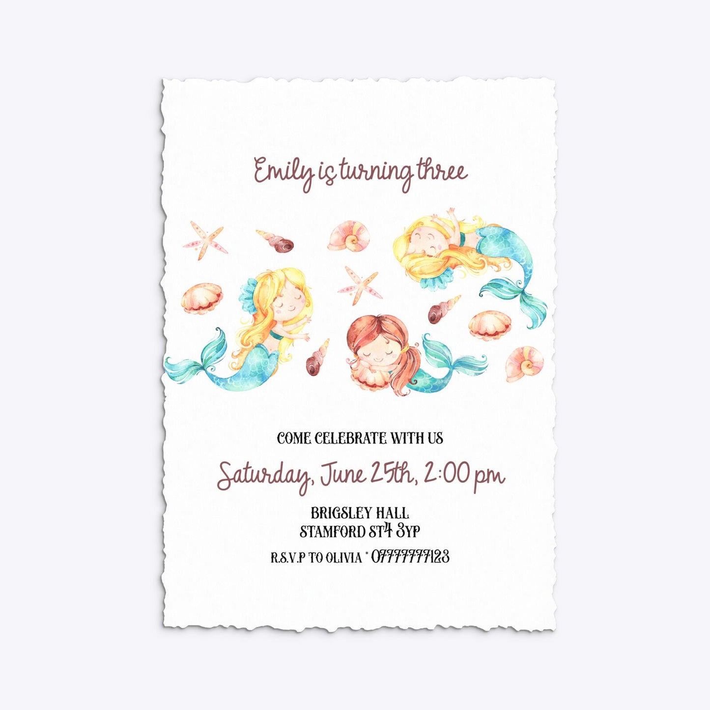 Mermaid Personalised Happy Birthday Deckle Invitation Matte Paper