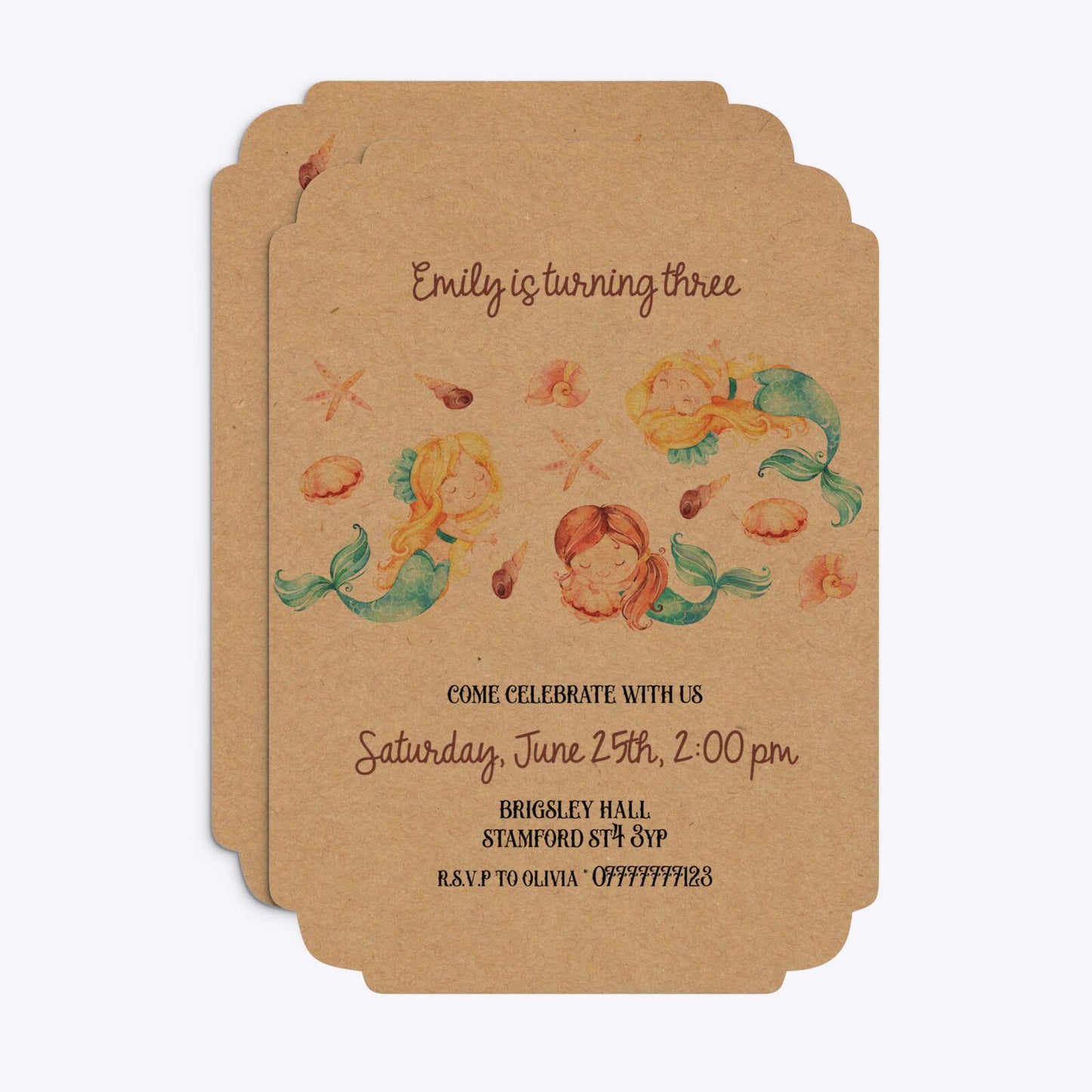 Mermaid Personalised Happy Birthday Deco Invitation Kraft Front and Back Image