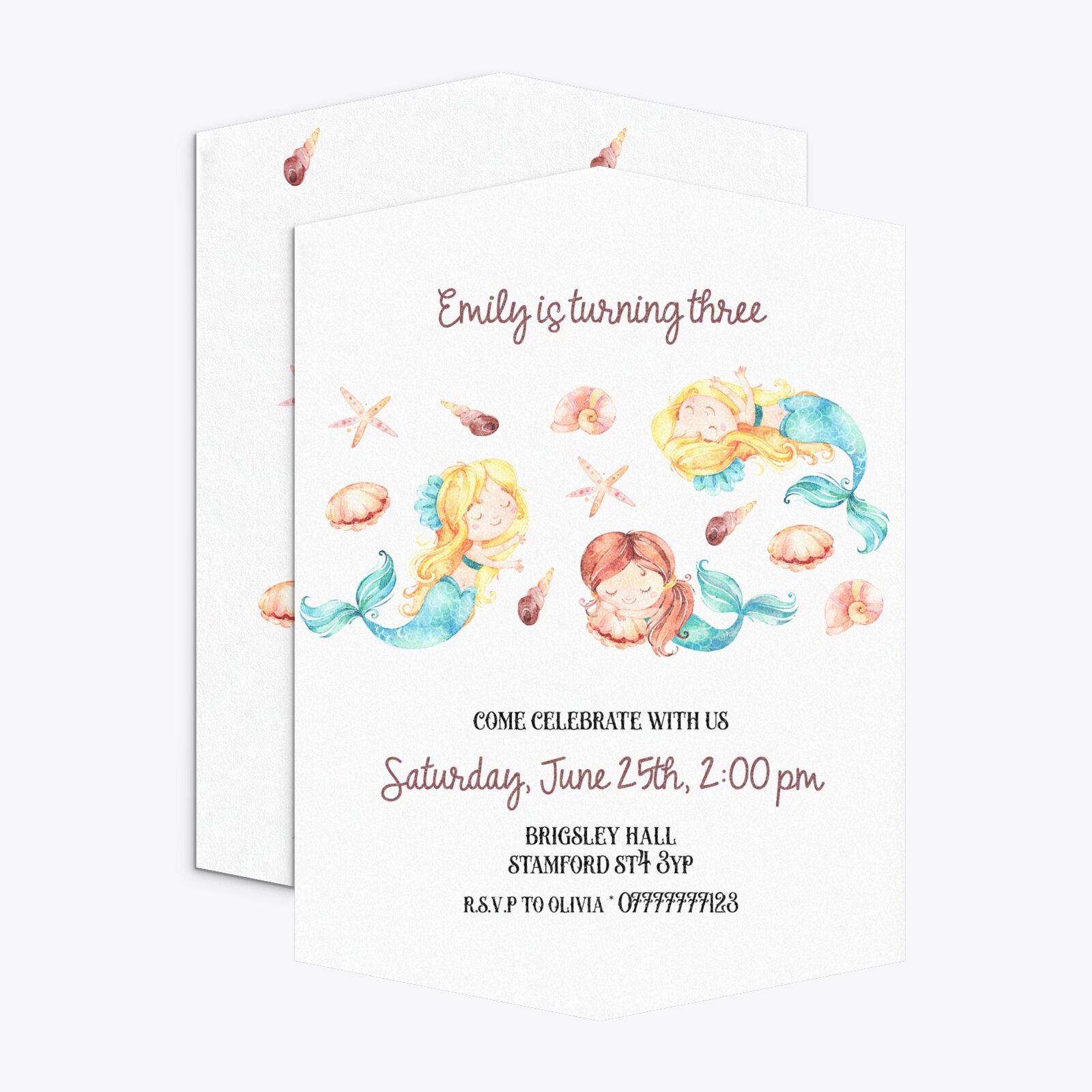 Mermaid Personalised Happy Birthday Geo Invitation Glitter Front and Back Image