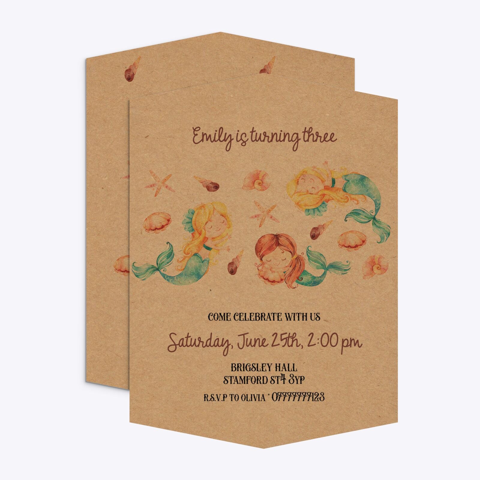 Mermaid Personalised Happy Birthday Geo Invitation Kraft Front and Back Image