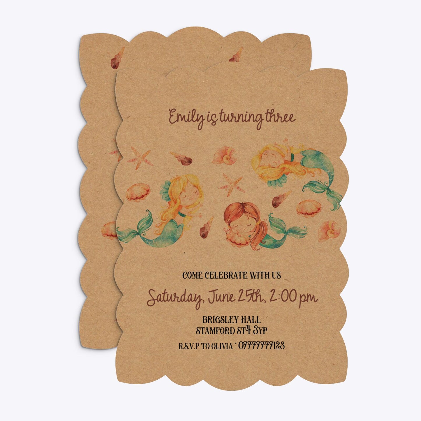 Mermaid Personalised Happy Birthday Petal Invitation Kraft Front and Back Image