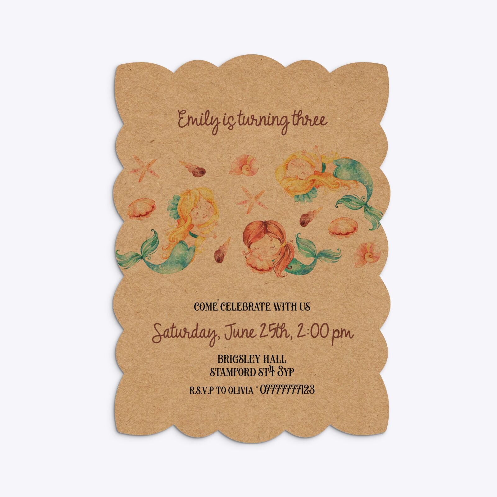 Mermaid Personalised Happy Birthday Petal Invitation Kraft