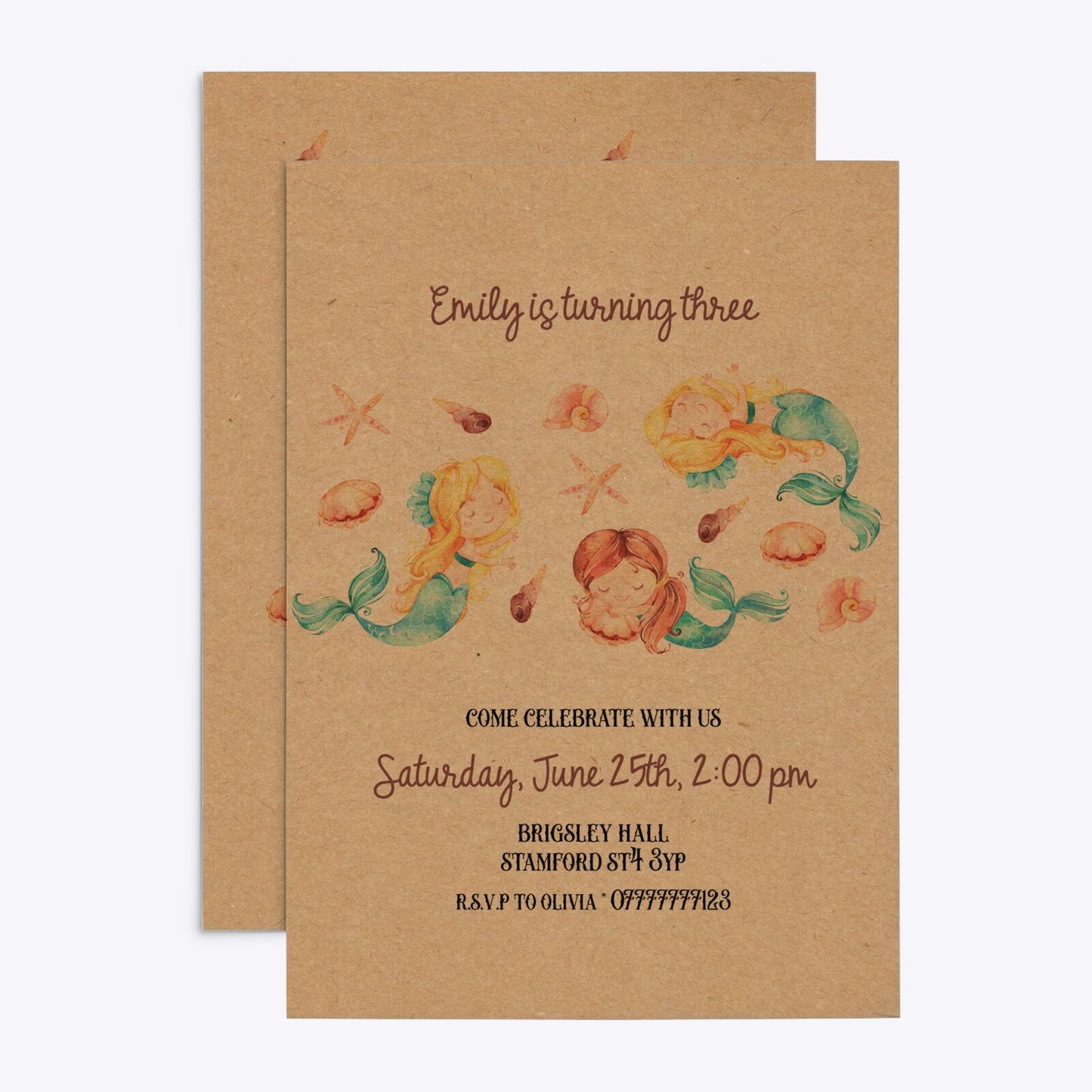 Mermaid Personalised Happy Birthday Rectangle Invitation Kraft Front and Back Image