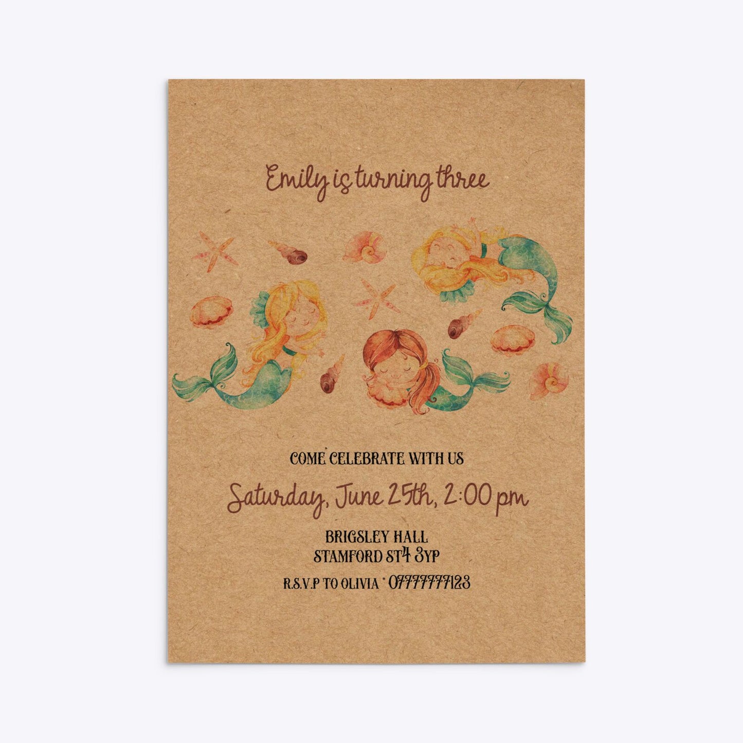 Mermaid Personalised Happy Birthday Rectangle Invitation Kraft