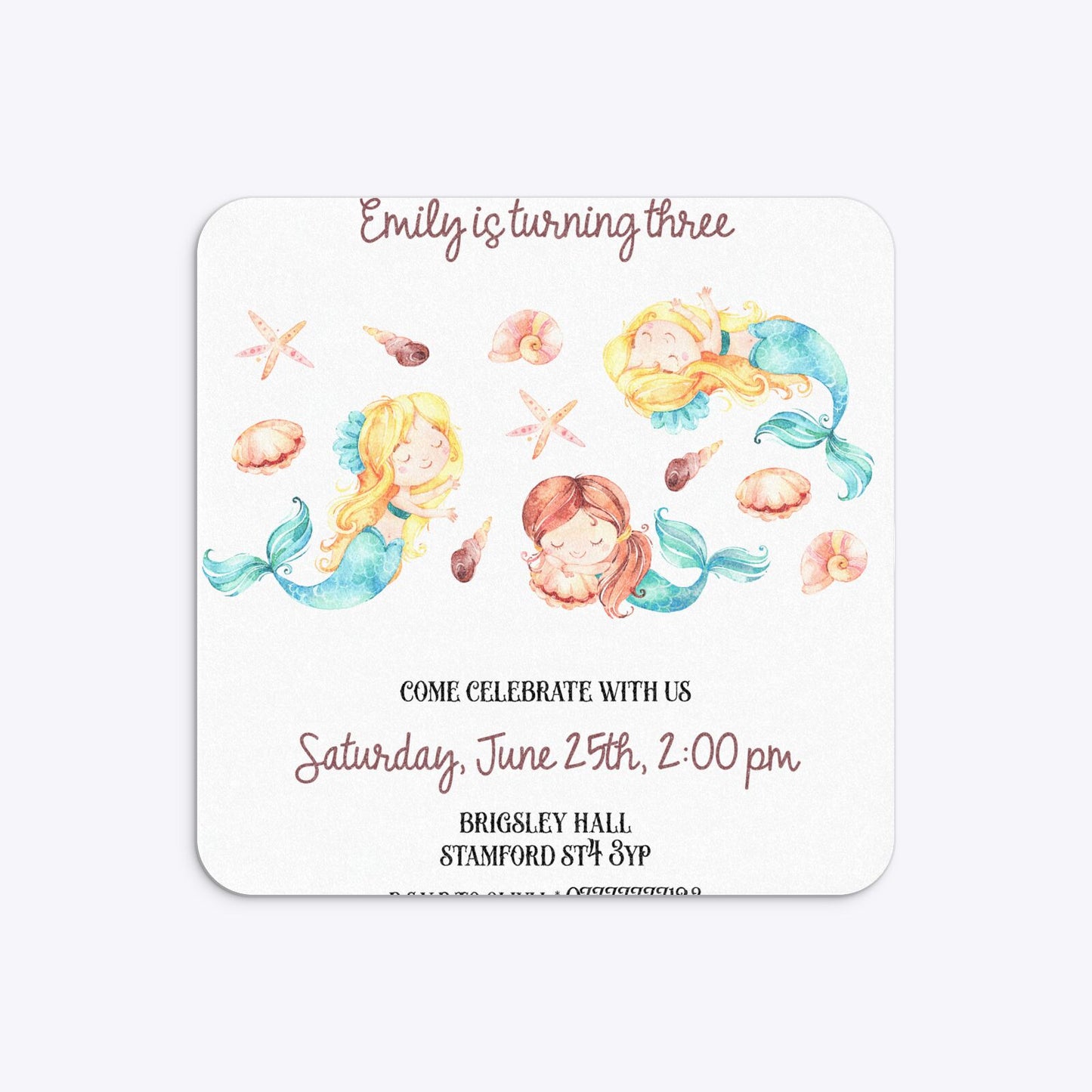 Mermaid Personalised Happy Birthday Rounded 5 25x5 25 Invitation Glitter