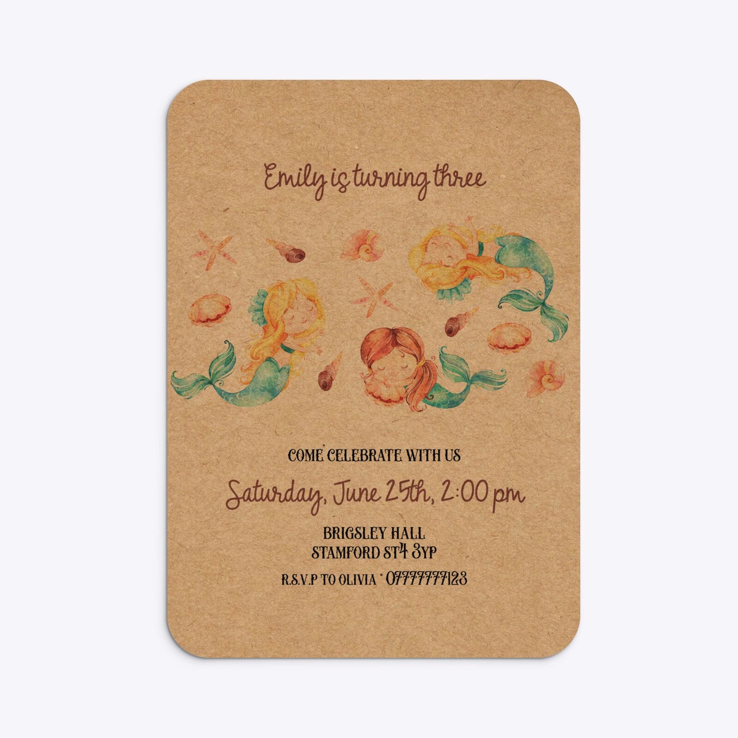 Mermaid Personalised Happy Birthday Rounded Invitation Kraft