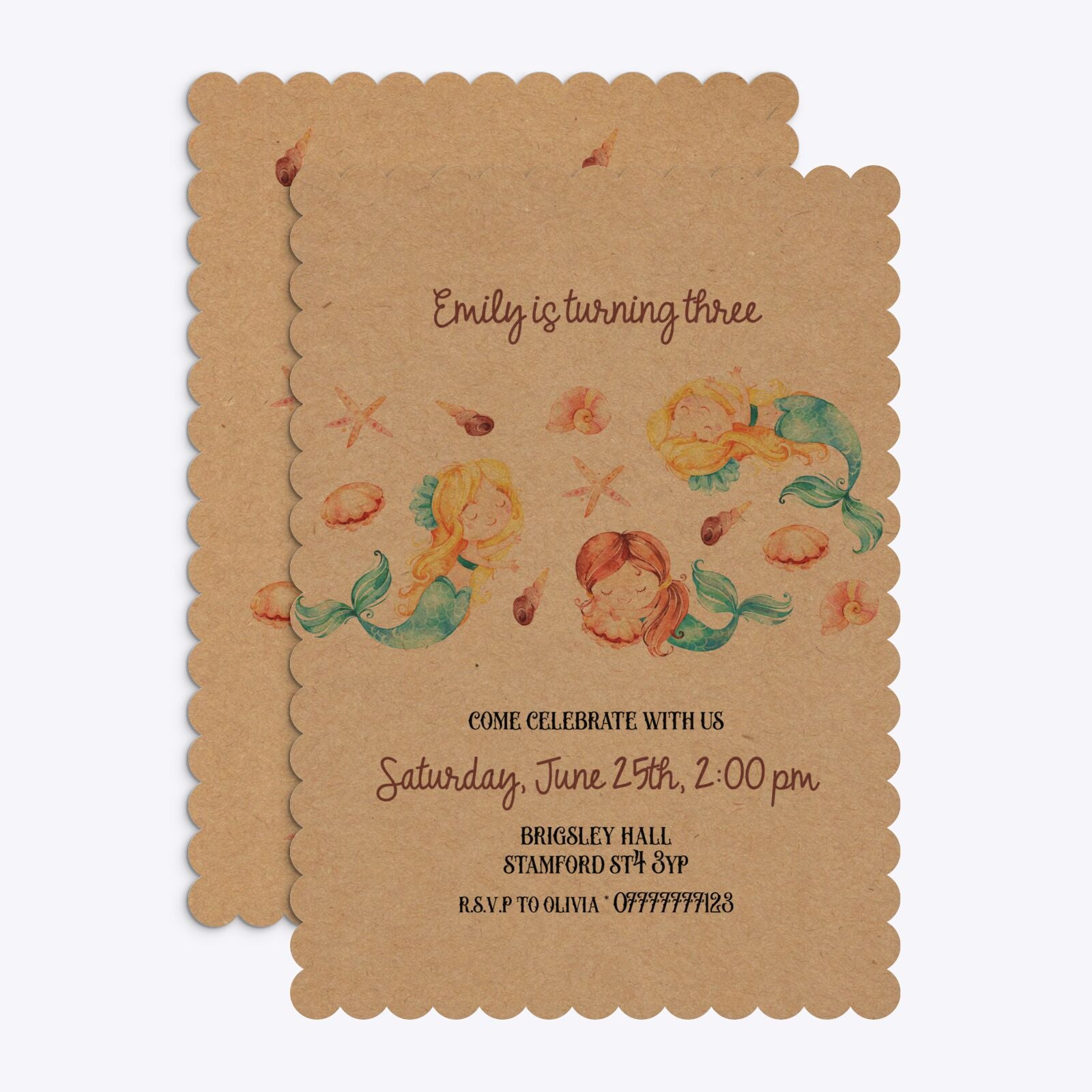 Mermaid Personalised Happy Birthday Scalloped Invitation Kraft Front and Back Image