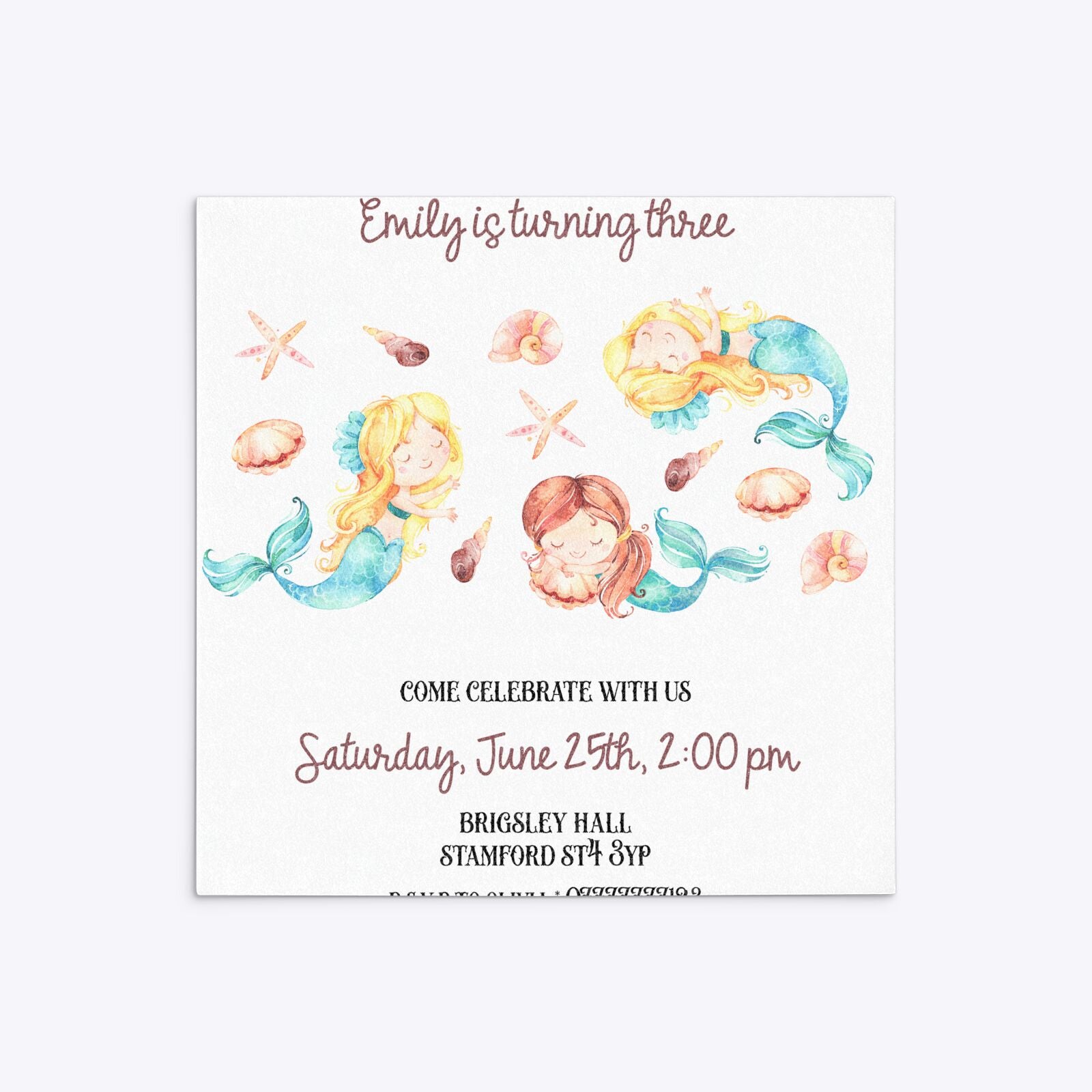 Mermaid Personalised Happy Birthday Square 5 25x5 25 Invitation Glitter