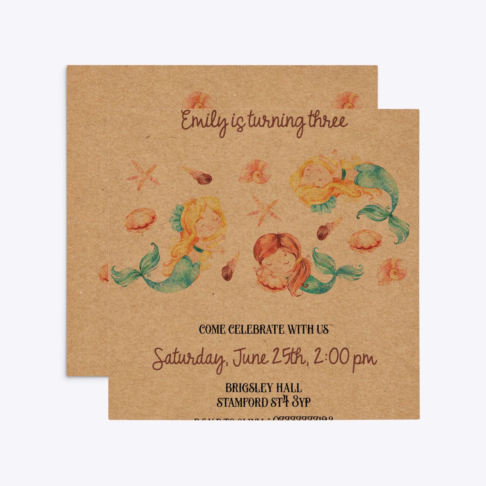 Mermaid Personalised Happy Birthday Square 5 25x5 25 Invitation Kraft Front and Back Image