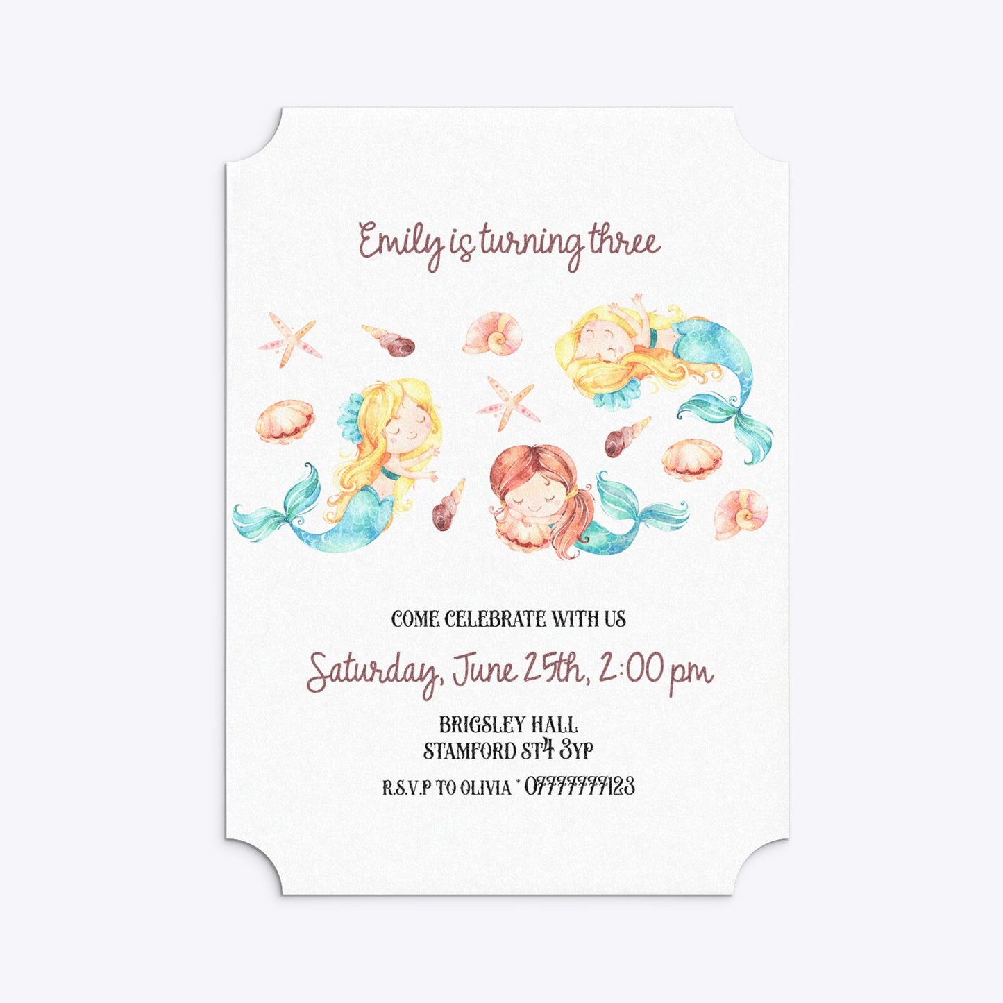 Mermaid Personalised Happy Birthday Ticket Invitation Glitter