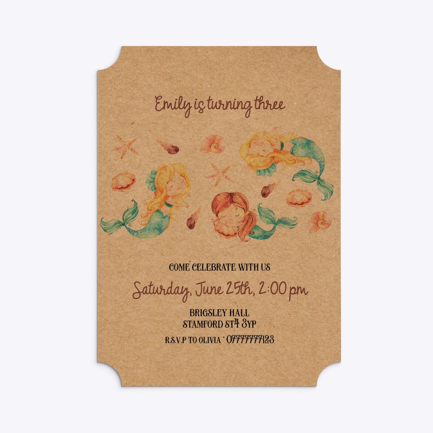 Mermaid Personalised Happy Birthday Ticket Invitation Kraft