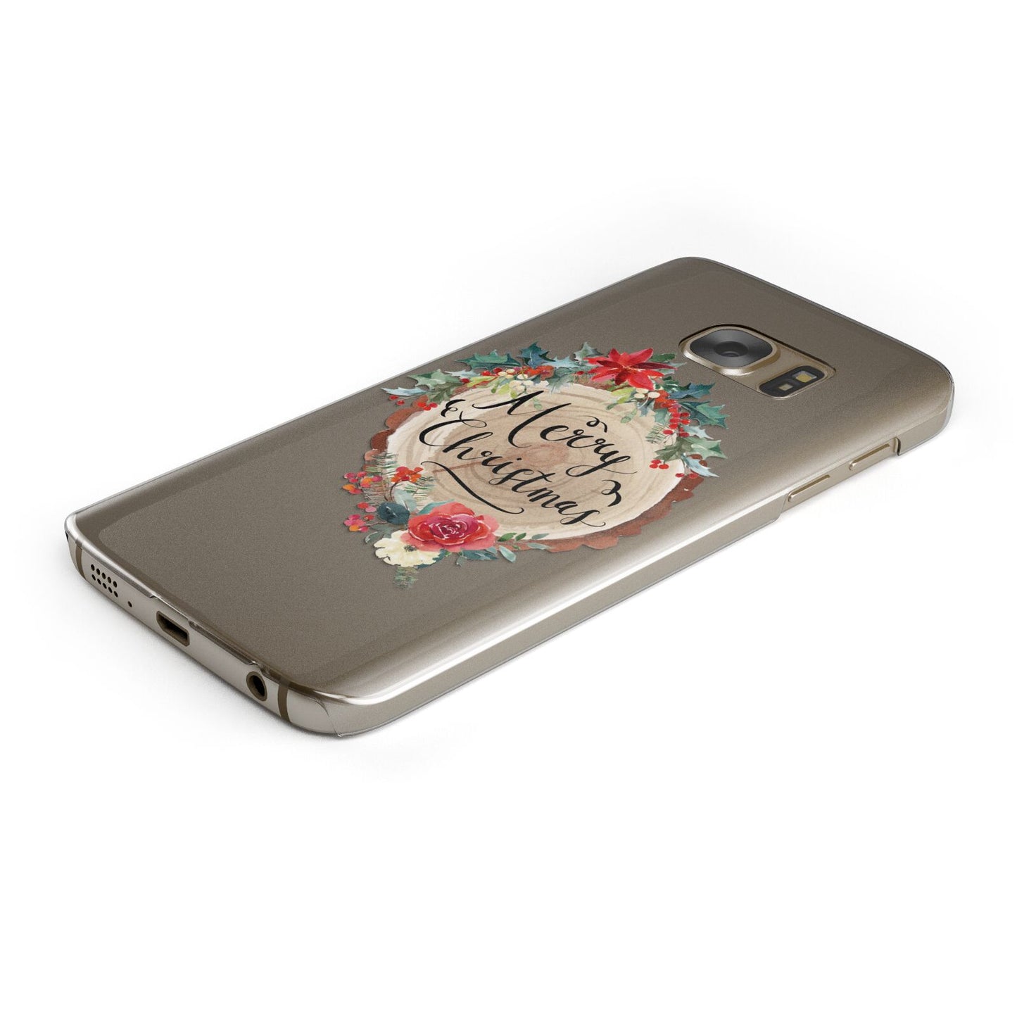 Merry Christmas Log Floral Protective Samsung Galaxy Case Angled Image