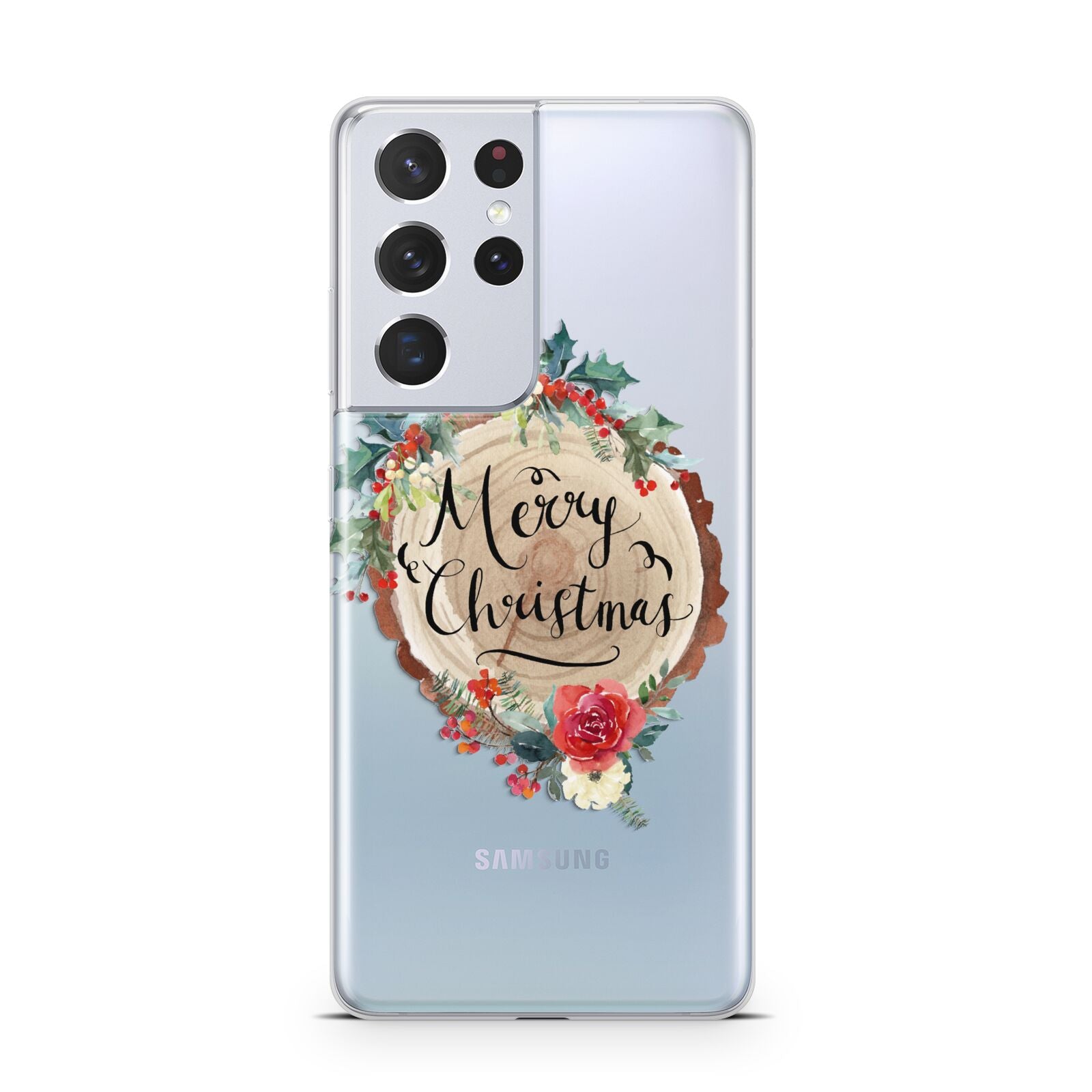 Merry Christmas Log Floral Samsung S21 Ultra Case