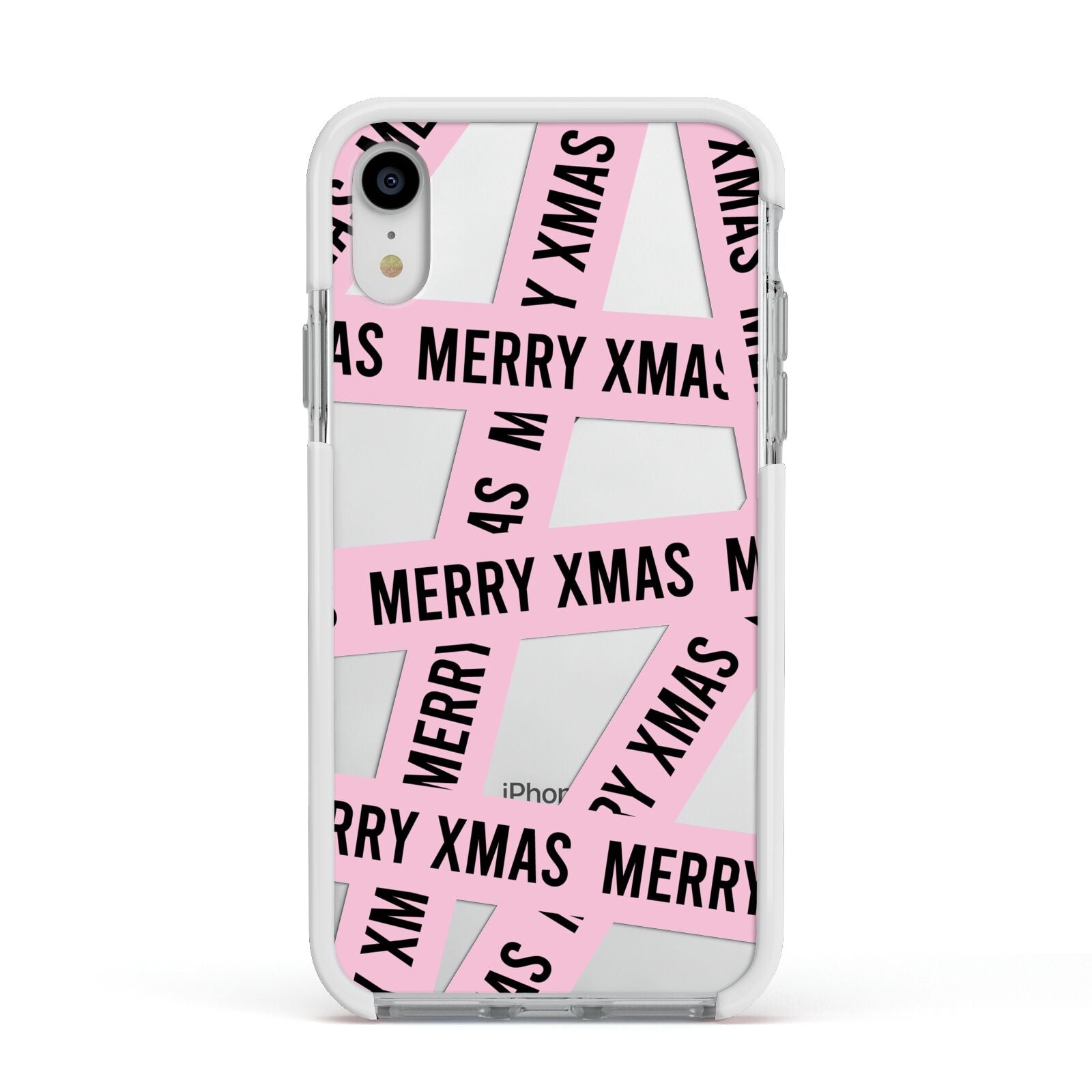 Merry Christmas Tape Apple iPhone XR Impact Case White Edge on Silver Phone