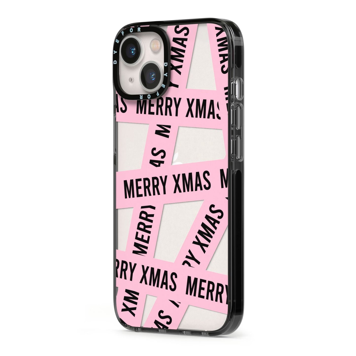 Merry Christmas Tape iPhone 13 Black Impact Case Side Angle on Silver phone