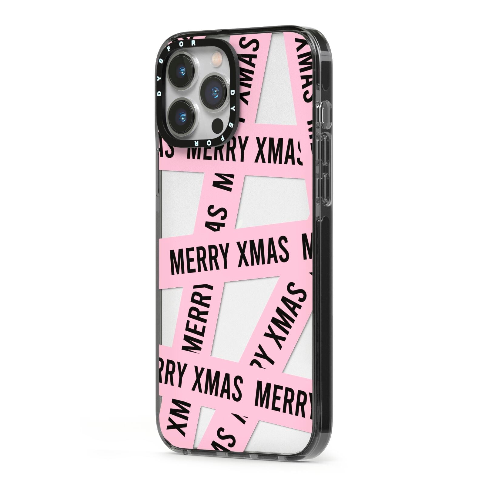 Merry Christmas Tape iPhone 13 Pro Max Black Impact Case Side Angle on Silver phone