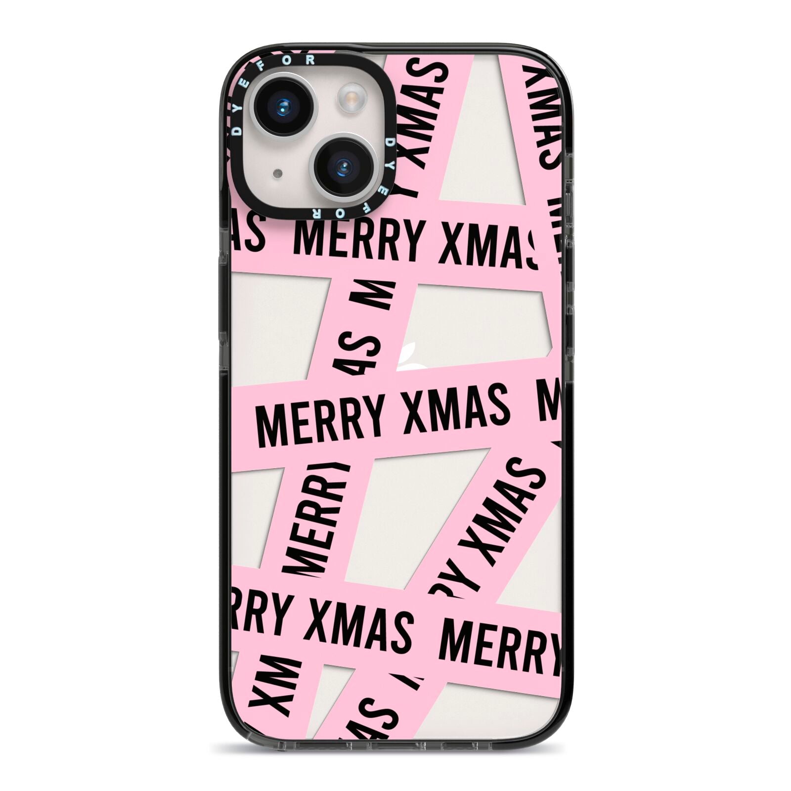 Merry Christmas Tape iPhone 14 Black Impact Case on Silver phone
