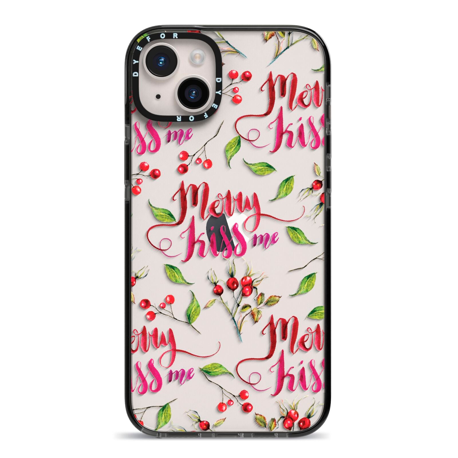 Merry kiss me iPhone 14 Plus Black Impact Case on Silver phone