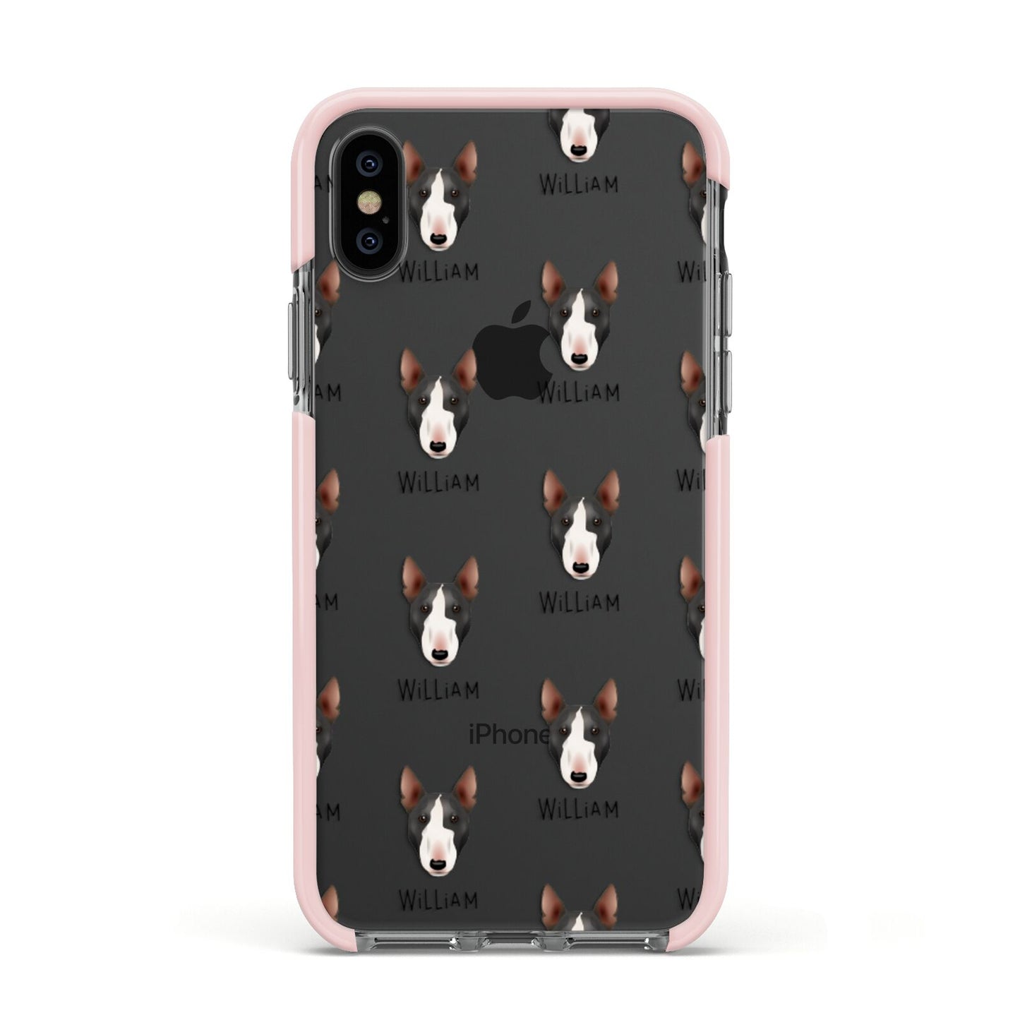 Miniature Bull Terrier Icon with Name Apple iPhone Xs Impact Case Pink Edge on Black Phone