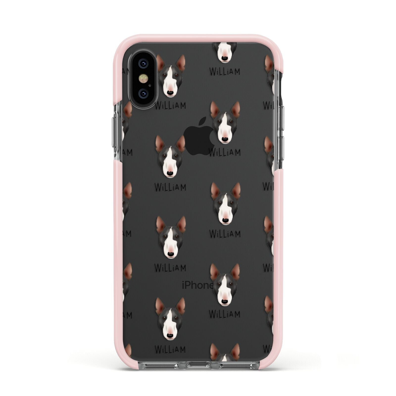 Miniature Bull Terrier Icon with Name Apple iPhone Xs Impact Case Pink Edge on Black Phone