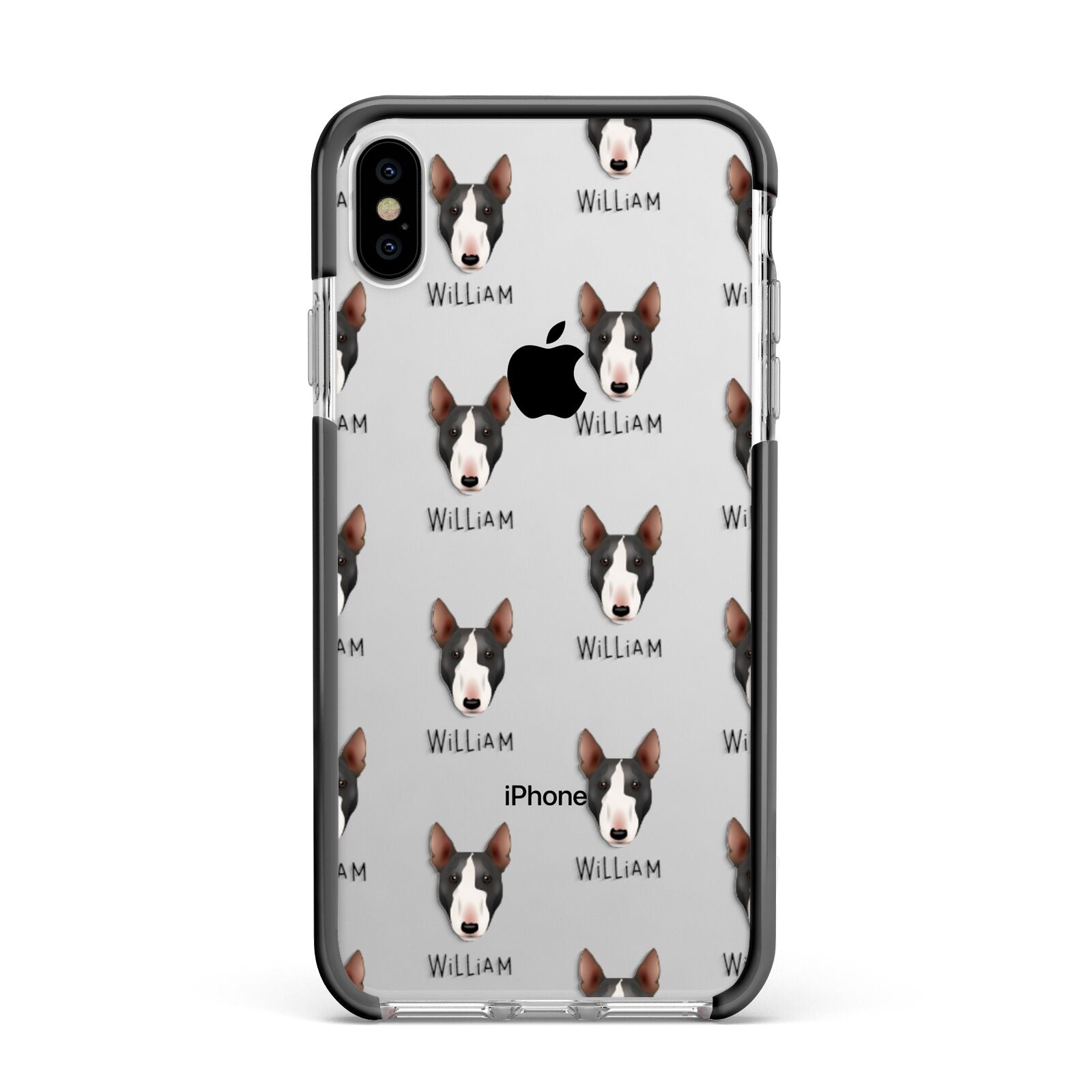 Miniature Bull Terrier Icon with Name Apple iPhone Xs Max Impact Case Black Edge on Silver Phone