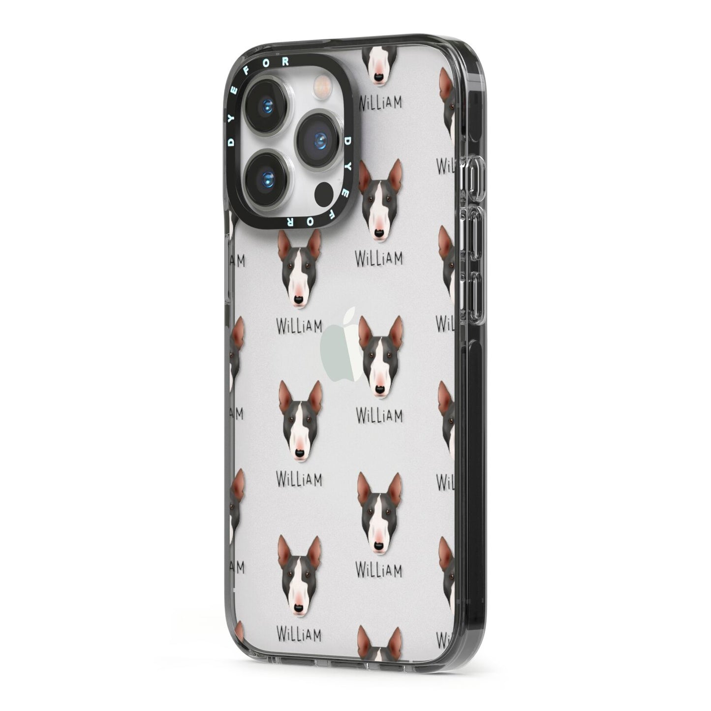 Miniature Bull Terrier Icon with Name iPhone 13 Pro Black Impact Case Side Angle on Silver phone