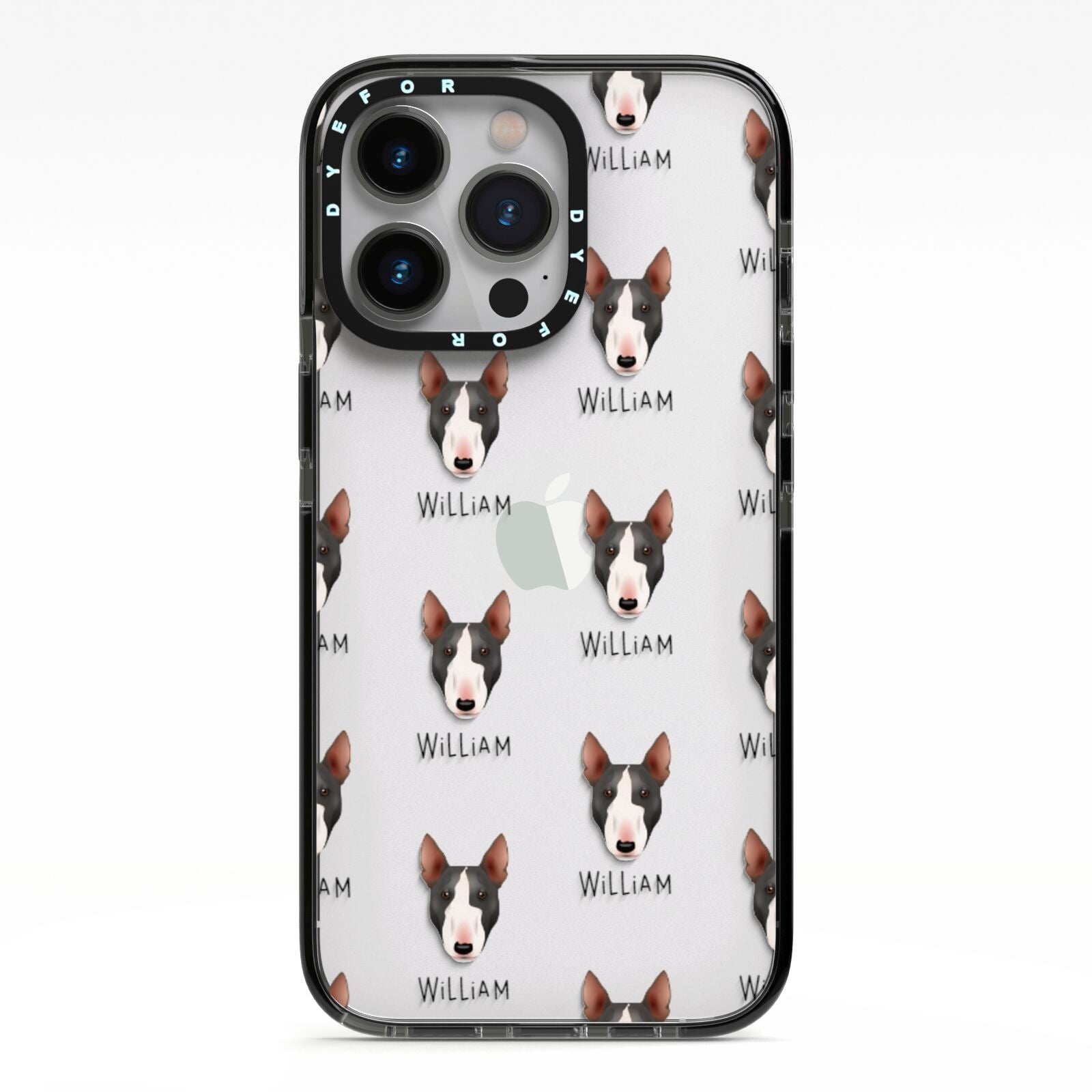 Miniature Bull Terrier Icon with Name iPhone 13 Pro Black Impact Case on Silver phone