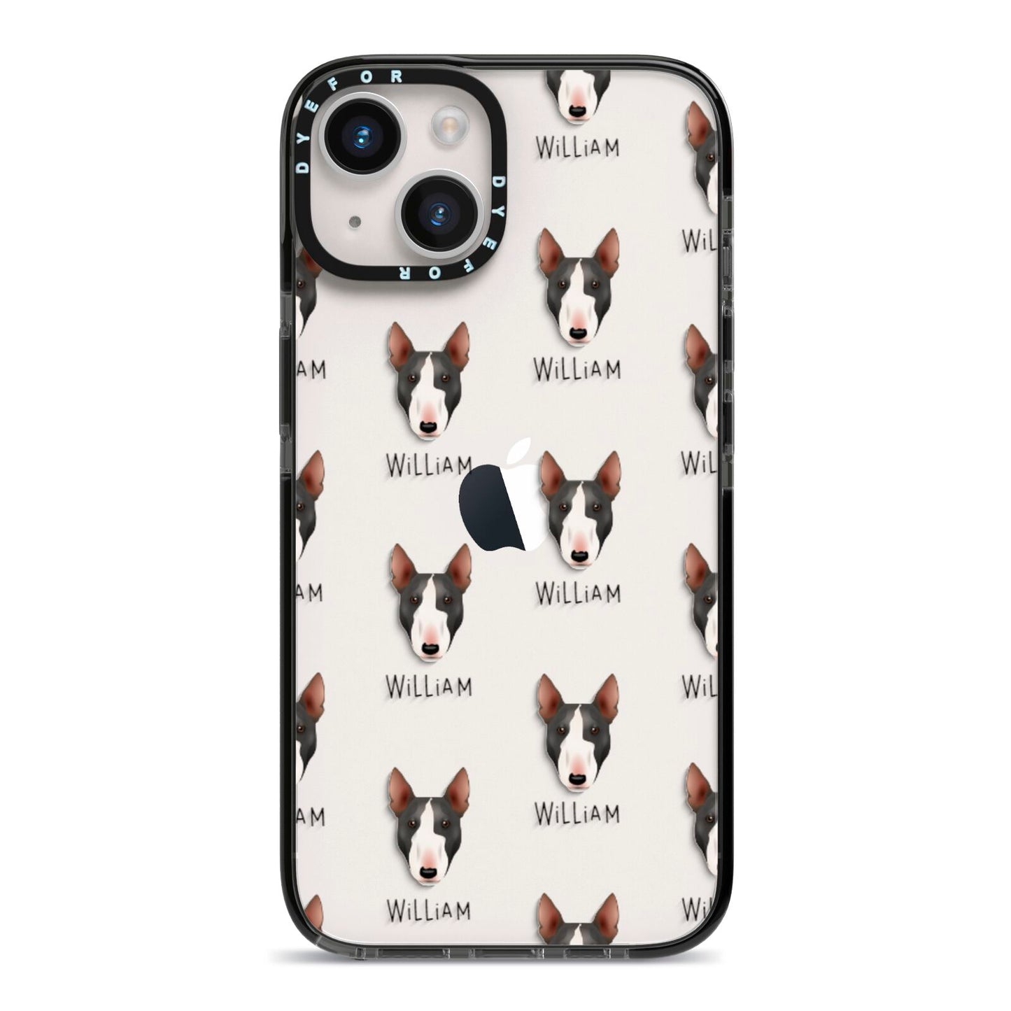 Miniature Bull Terrier Icon with Name iPhone 14 Black Impact Case on Silver phone