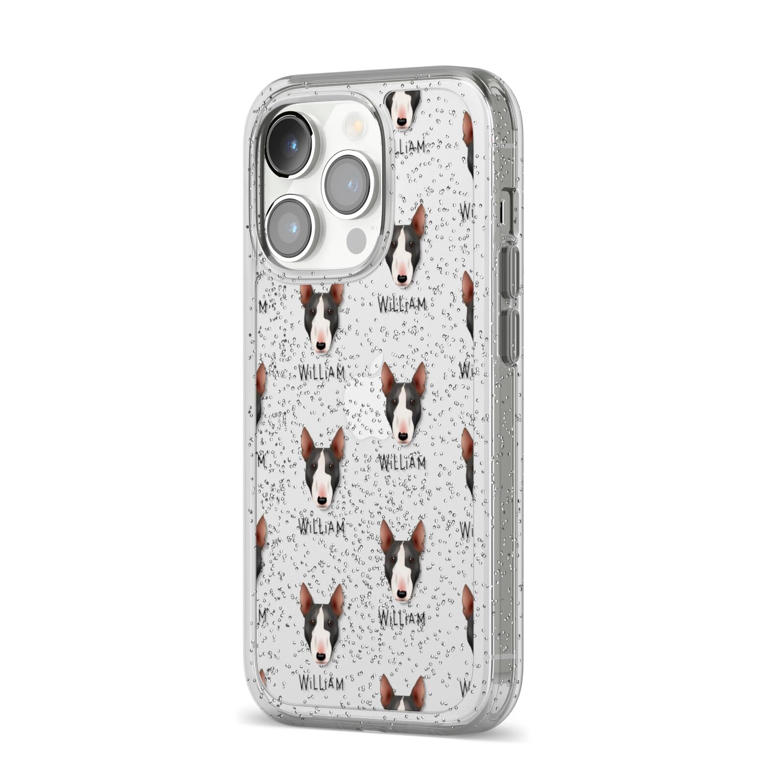 Miniature Bull Terrier Icon with Name iPhone 14 Pro Glitter Tough Case Silver Angled Image