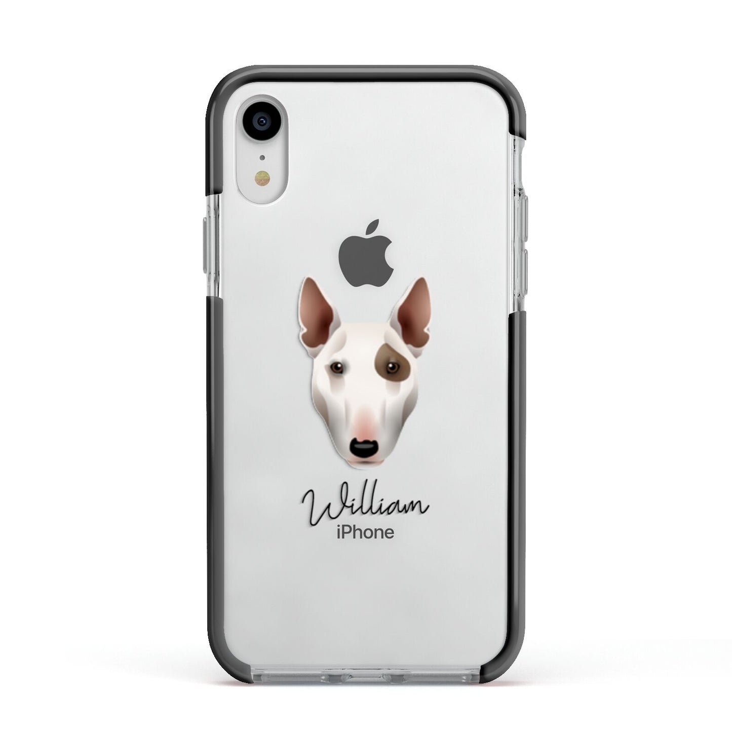 Miniature Bull Terrier Personalised Apple iPhone XR Impact Case Black Edge on Silver Phone
