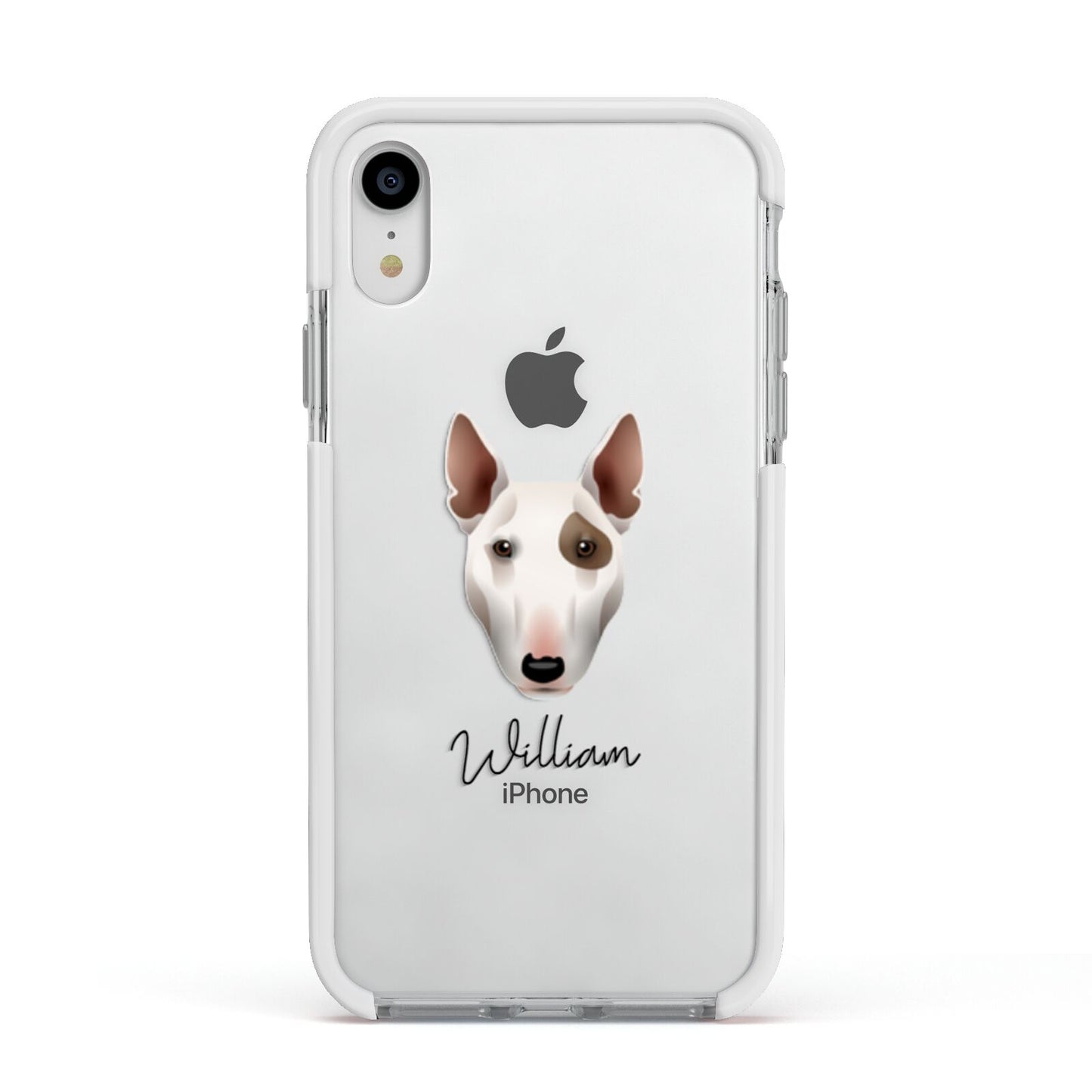 Miniature Bull Terrier Personalised Apple iPhone XR Impact Case White Edge on Silver Phone