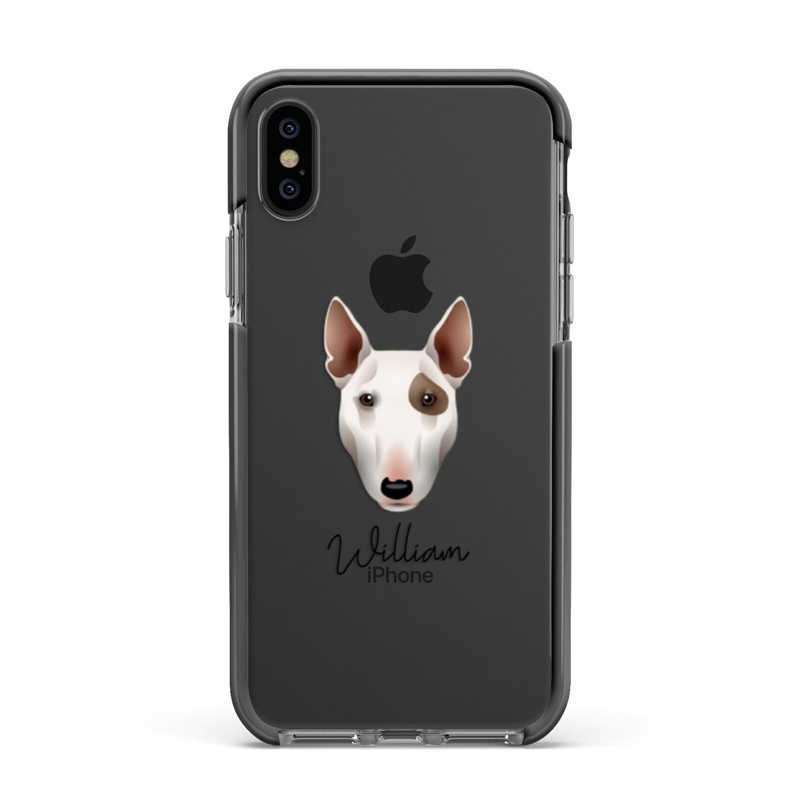 Miniature Bull Terrier Personalised Apple iPhone Xs Impact Case Black Edge on Black Phone