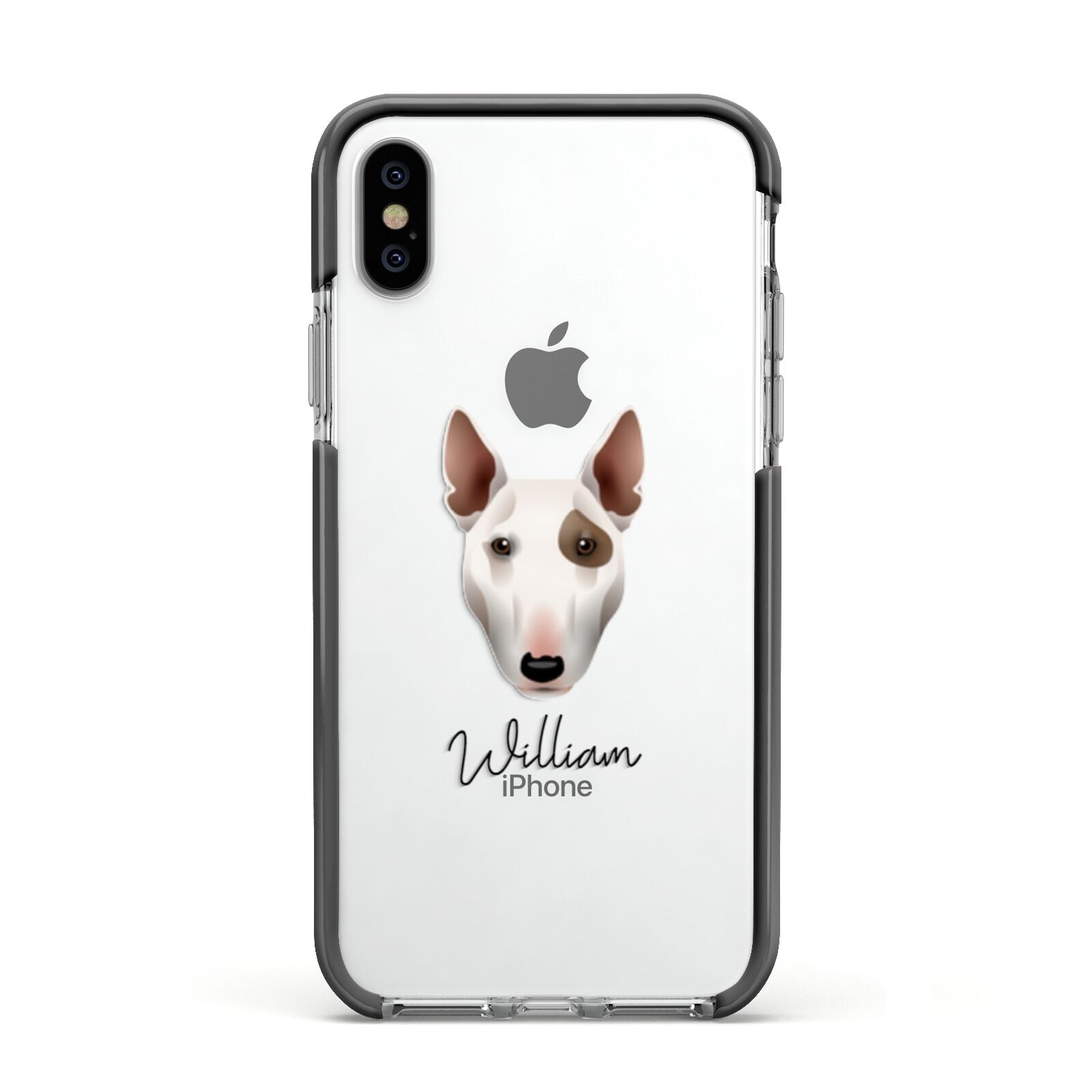 Miniature Bull Terrier Personalised Apple iPhone Xs Impact Case Black Edge on Silver Phone