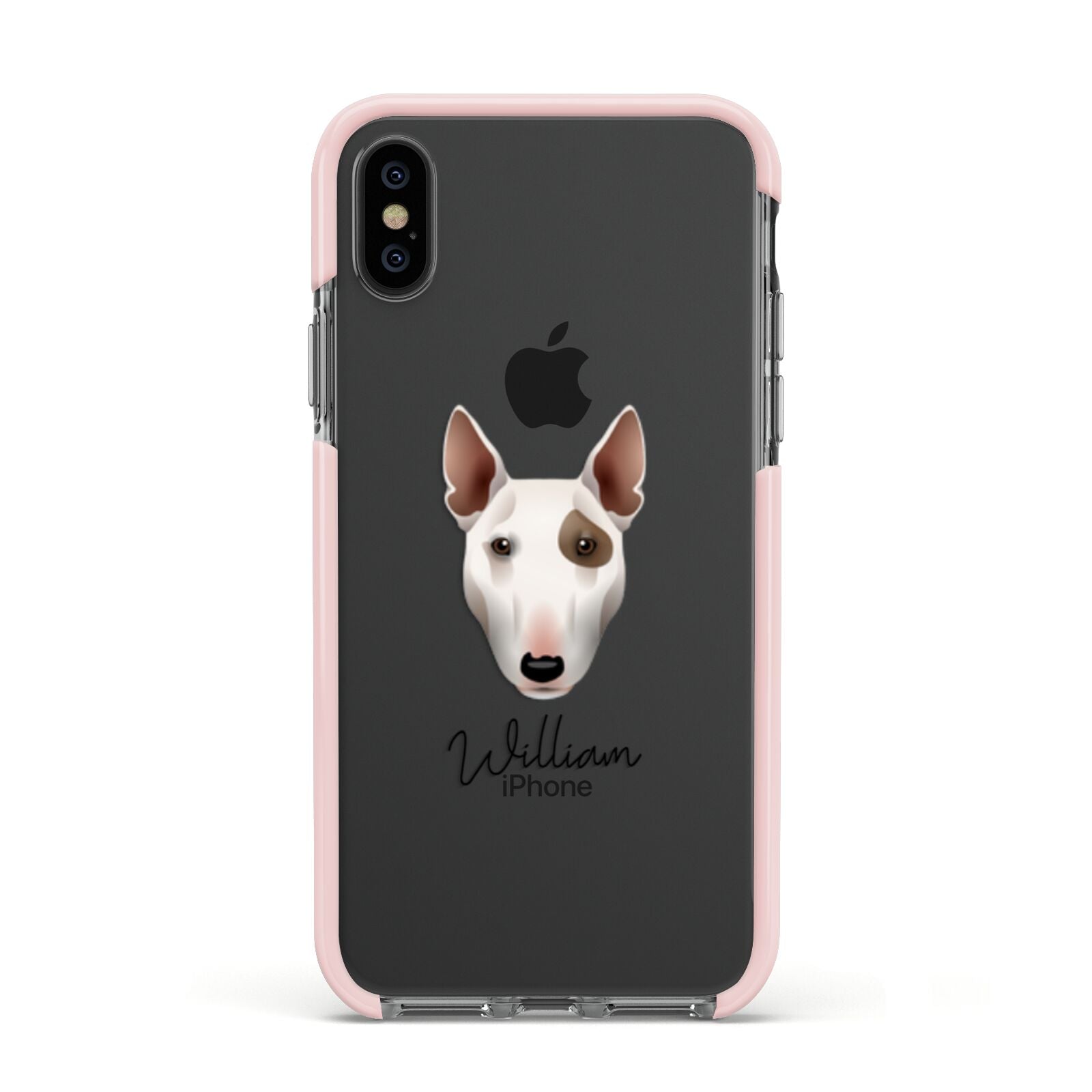 Miniature Bull Terrier Personalised Apple iPhone Xs Impact Case Pink Edge on Black Phone