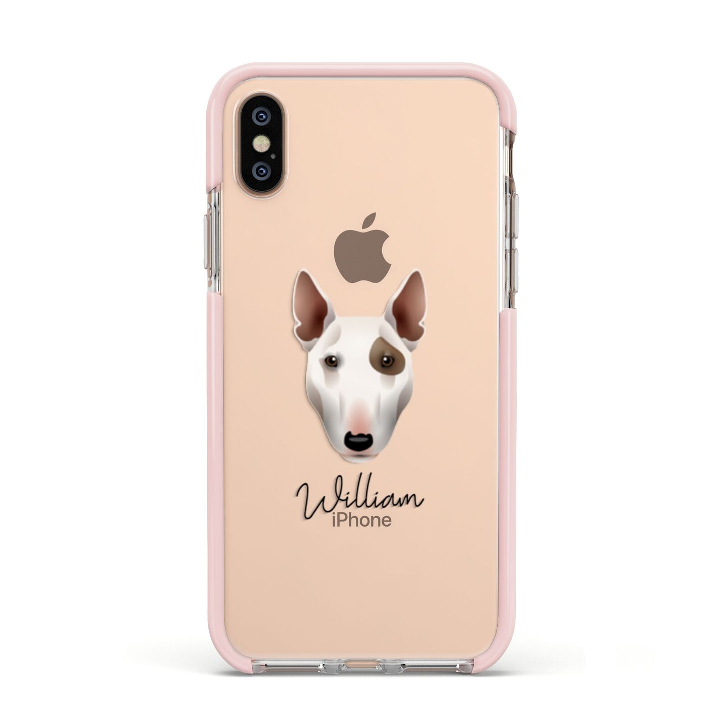 Miniature Bull Terrier Personalised Apple iPhone Xs Impact Case Pink Edge on Gold Phone