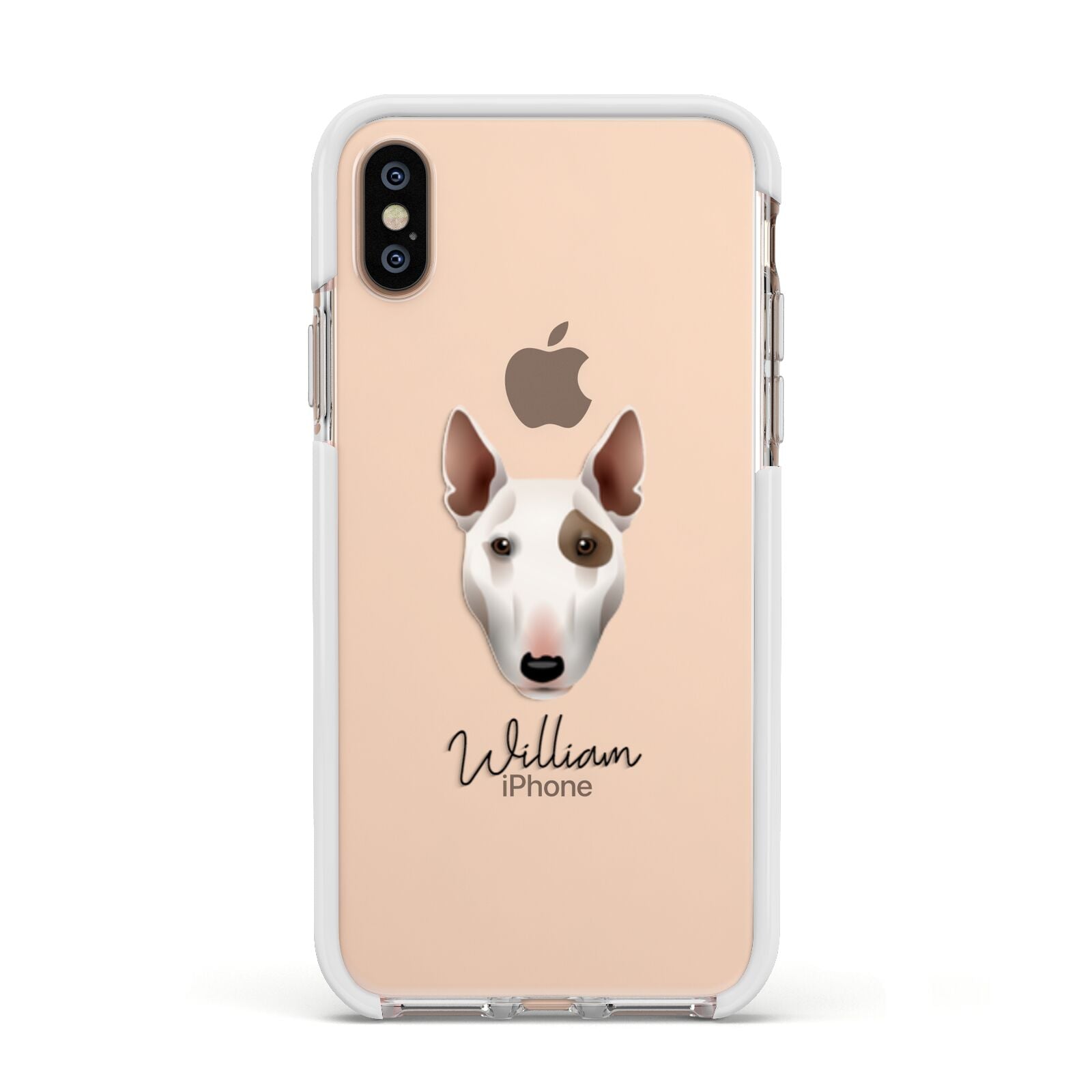 Miniature Bull Terrier Personalised Apple iPhone Xs Impact Case White Edge on Gold Phone