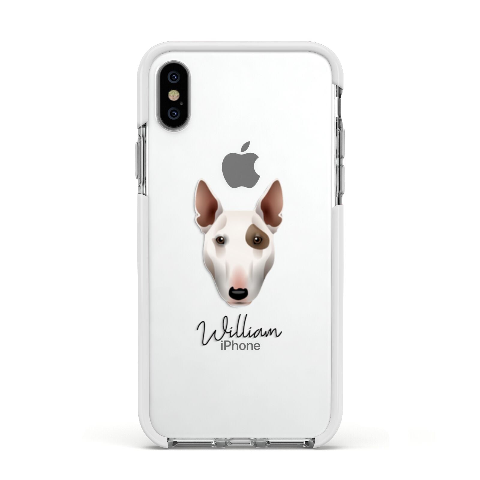 Miniature Bull Terrier Personalised Apple iPhone Xs Impact Case White Edge on Silver Phone