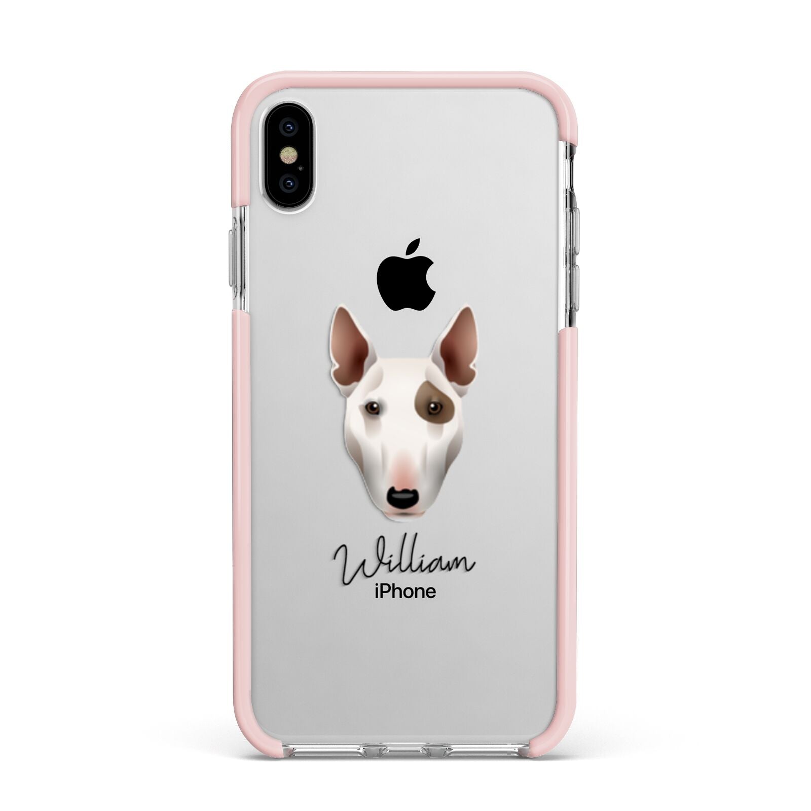Miniature Bull Terrier Personalised Apple iPhone Xs Max Impact Case Pink Edge on Silver Phone