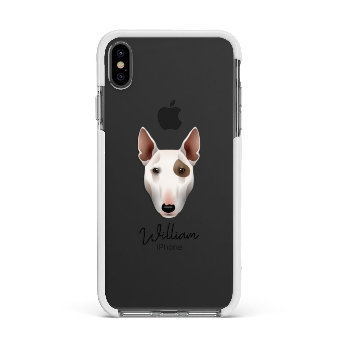 Miniature Bull Terrier Personalised Apple iPhone Xs Max Impact Case White Edge on Black Phone