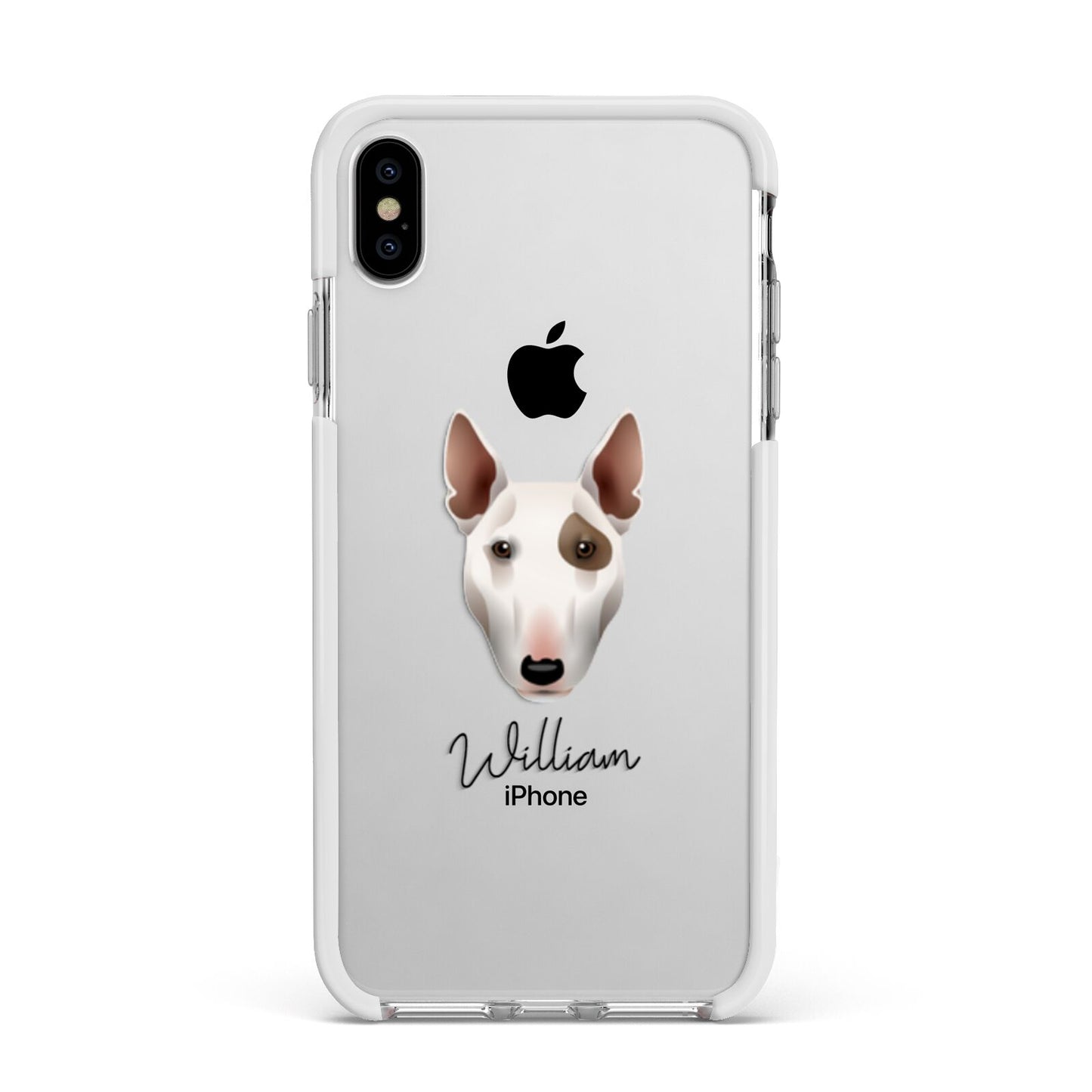 Miniature Bull Terrier Personalised Apple iPhone Xs Max Impact Case White Edge on Silver Phone