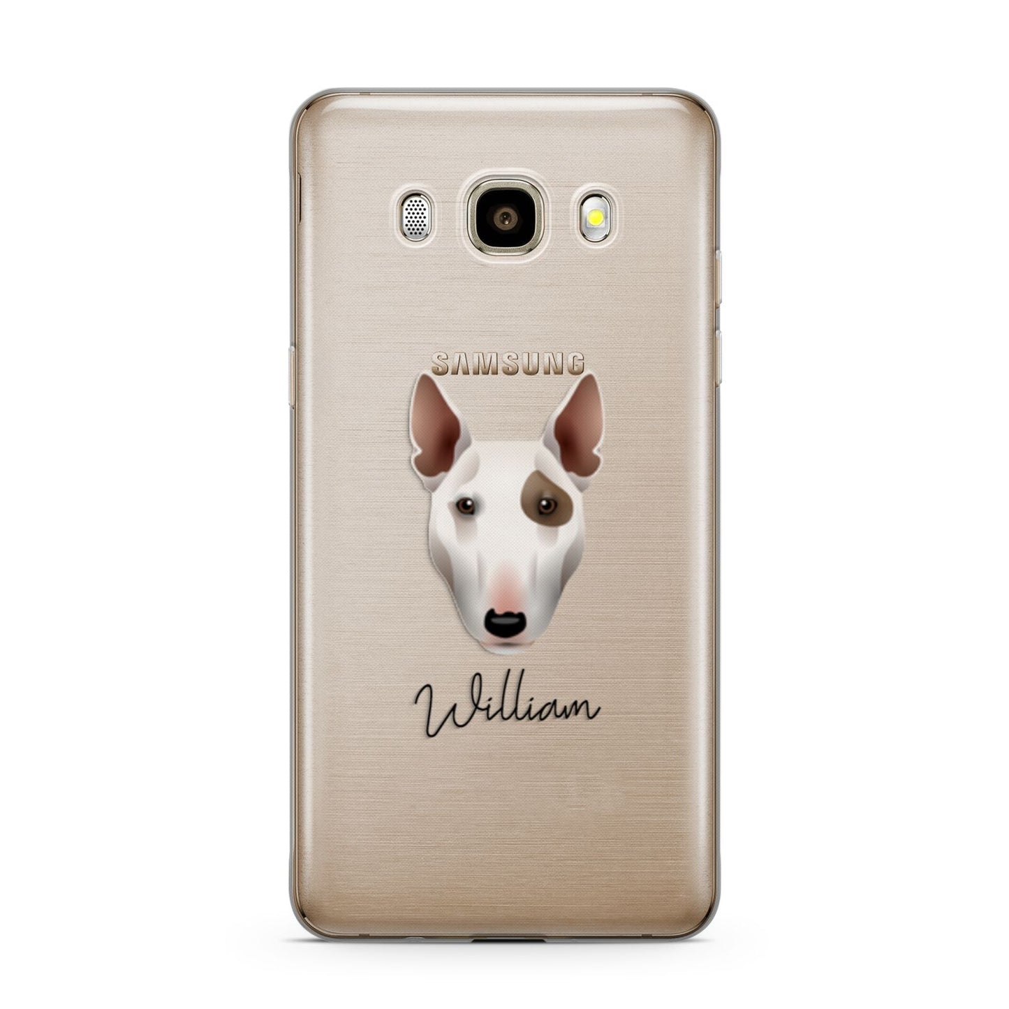 Miniature Bull Terrier Personalised Samsung Galaxy J7 2016 Case on gold phone