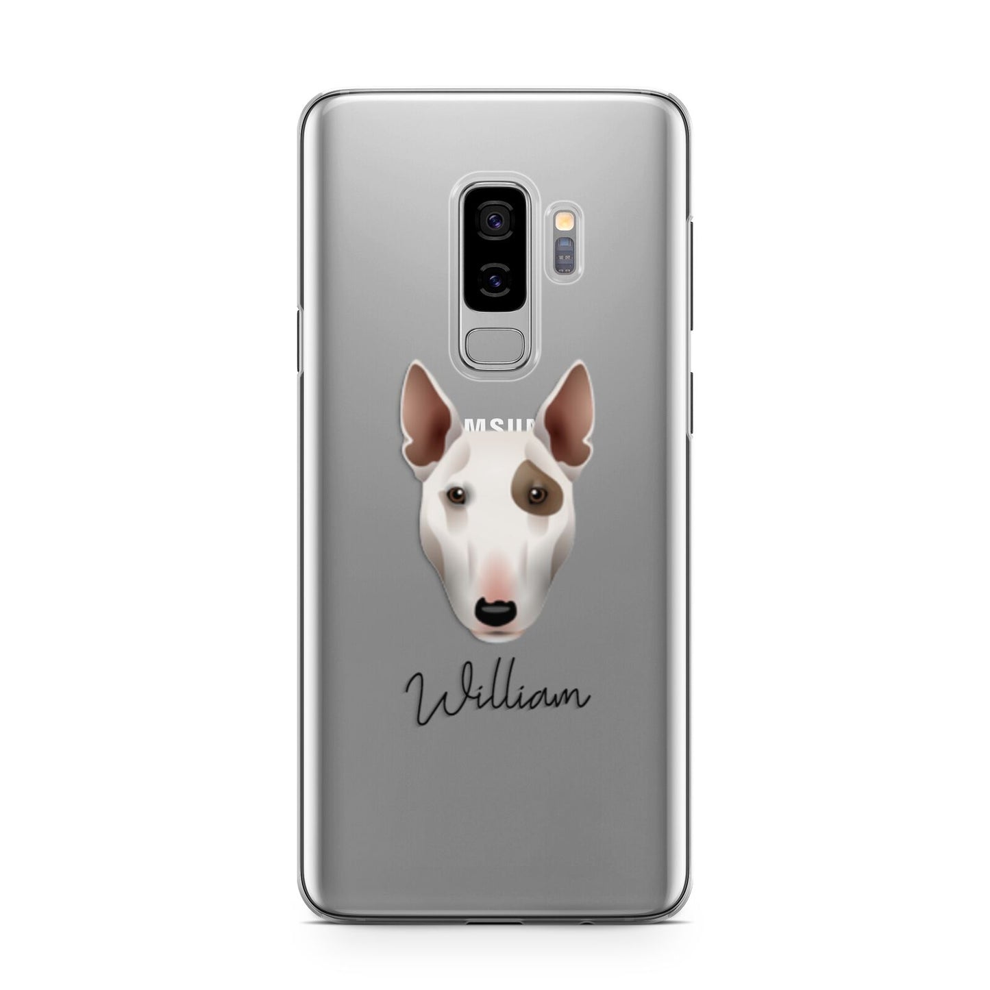 Miniature Bull Terrier Personalised Samsung Galaxy S9 Plus Case on Silver phone