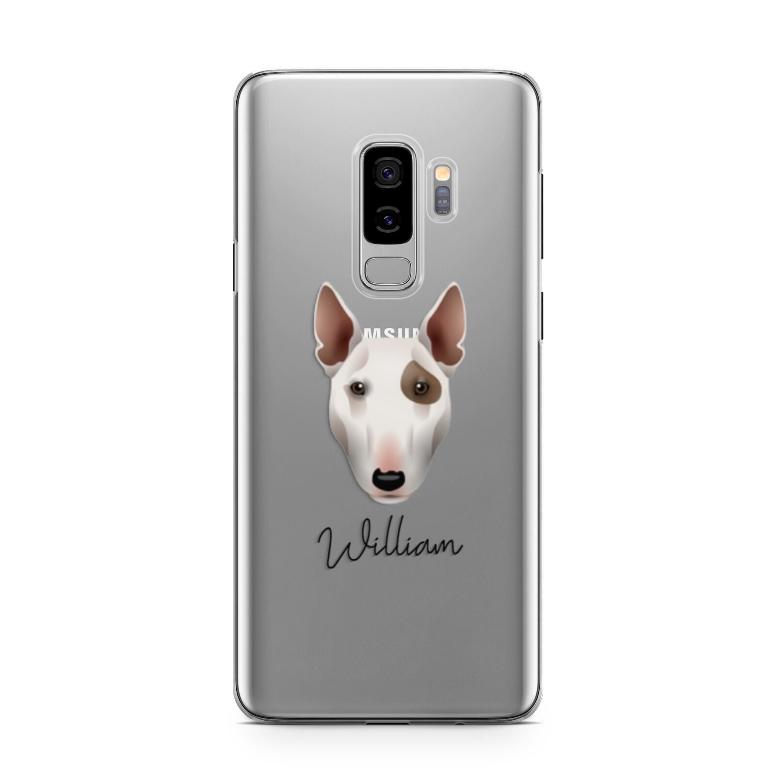 Miniature Bull Terrier Personalised Samsung Galaxy S9 Plus Case on Silver phone