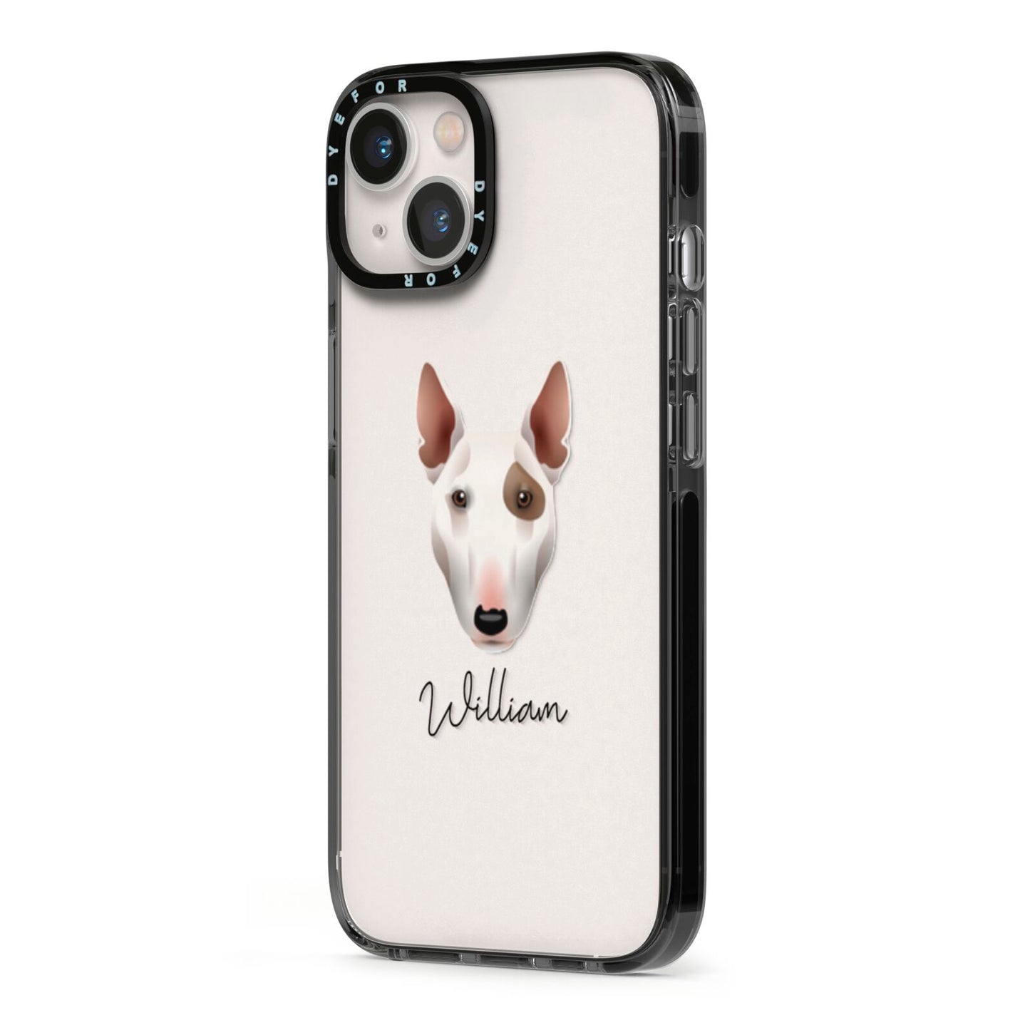 Miniature Bull Terrier Personalised iPhone 13 Black Impact Case Side Angle on Silver phone