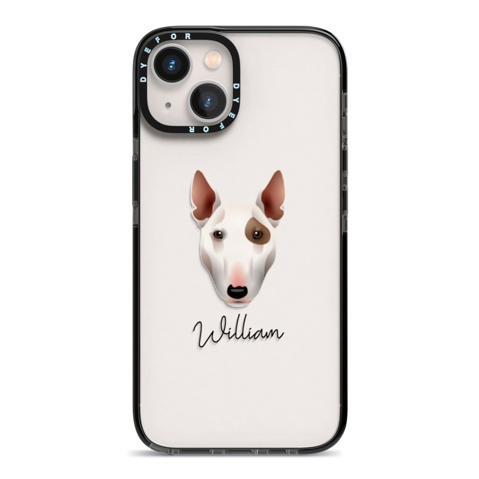 Miniature Bull Terrier Personalised iPhone 13 Black Impact Case on Silver phone