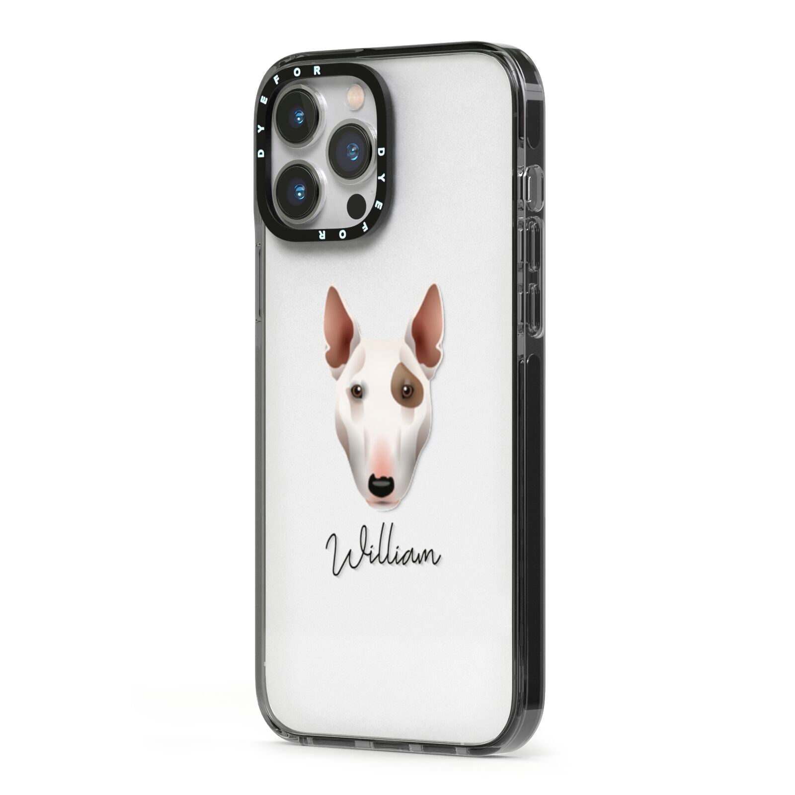 Miniature Bull Terrier Personalised iPhone 13 Pro Max Black Impact Case Side Angle on Silver phone