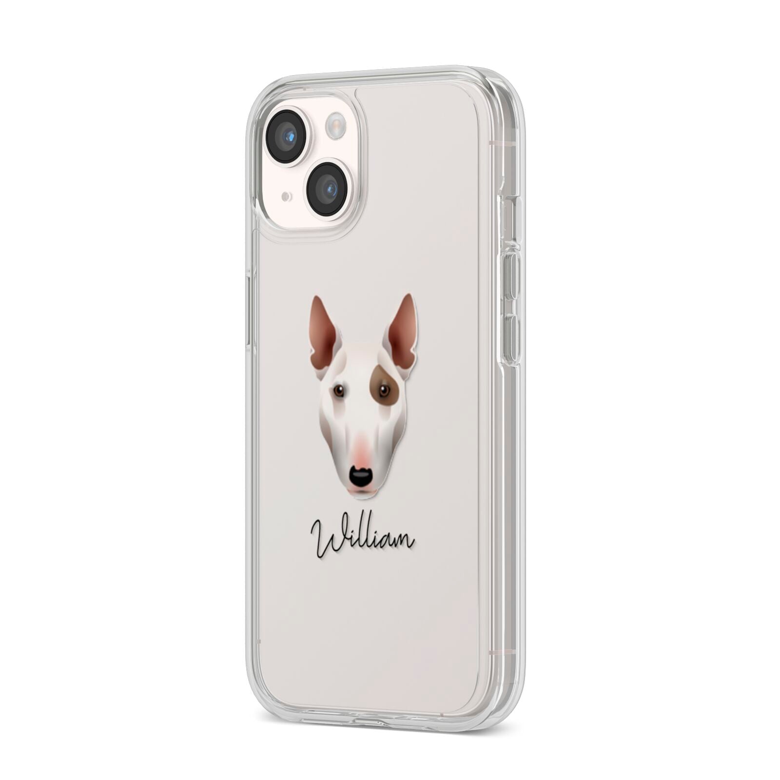 Miniature Bull Terrier Personalised iPhone 14 Clear Tough Case Starlight Angled Image