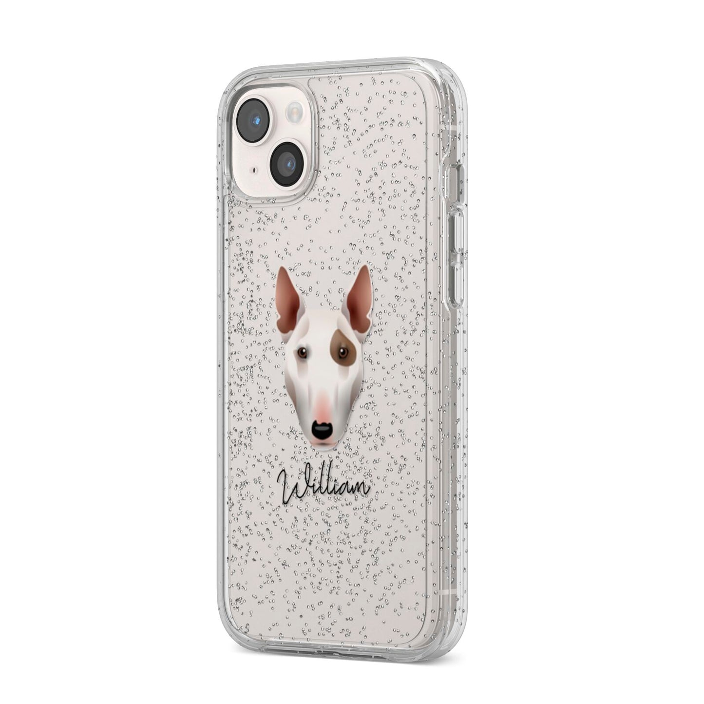 Miniature Bull Terrier Personalised iPhone 14 Plus Glitter Tough Case Starlight Angled Image